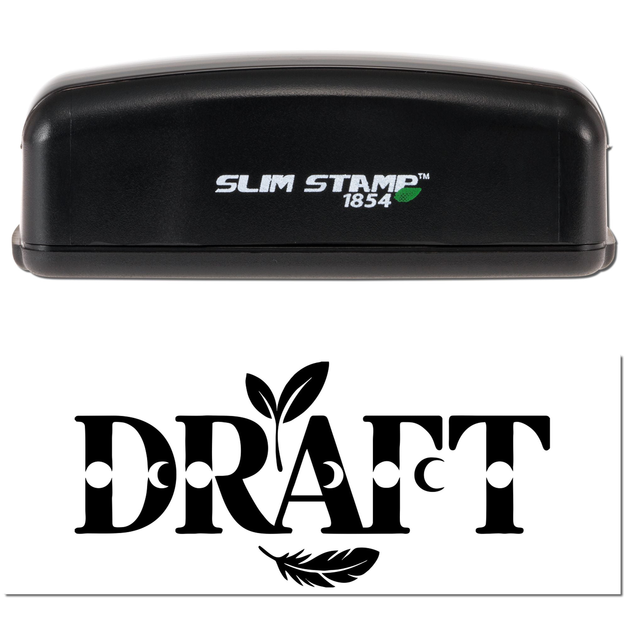 Black Slim Stamp 1854 stamp and seal set with white logo, green leaf accent, and bold Draft emblem.