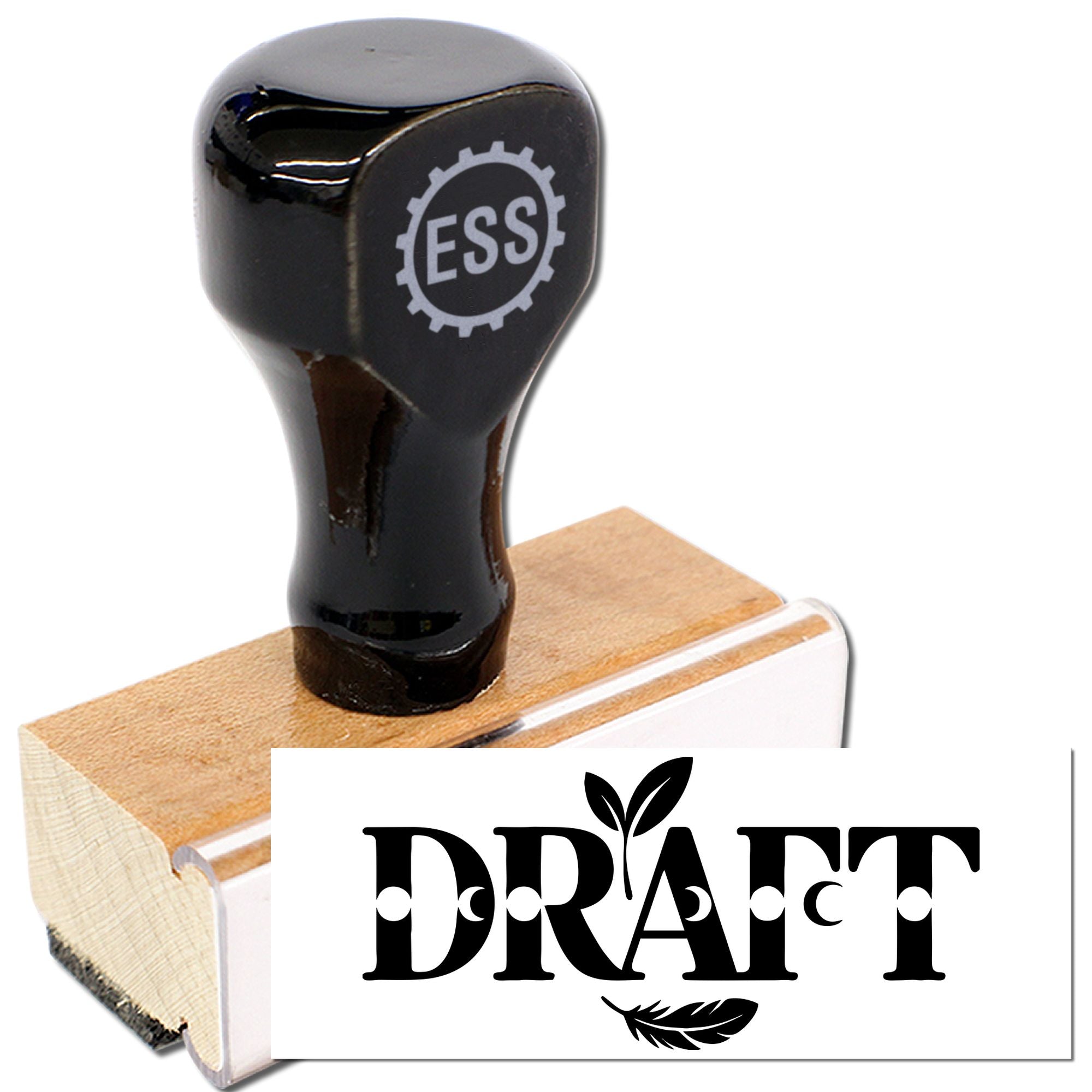 Black stamp and seal product with glossy handle, wooden base, ESS logo, and DRAFT design on white background.