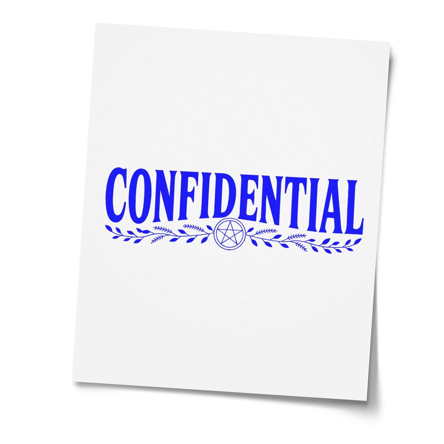 Blue CONFIDENTIAL stamp and seal design on white paper, with decorative leaves and circular emblem.