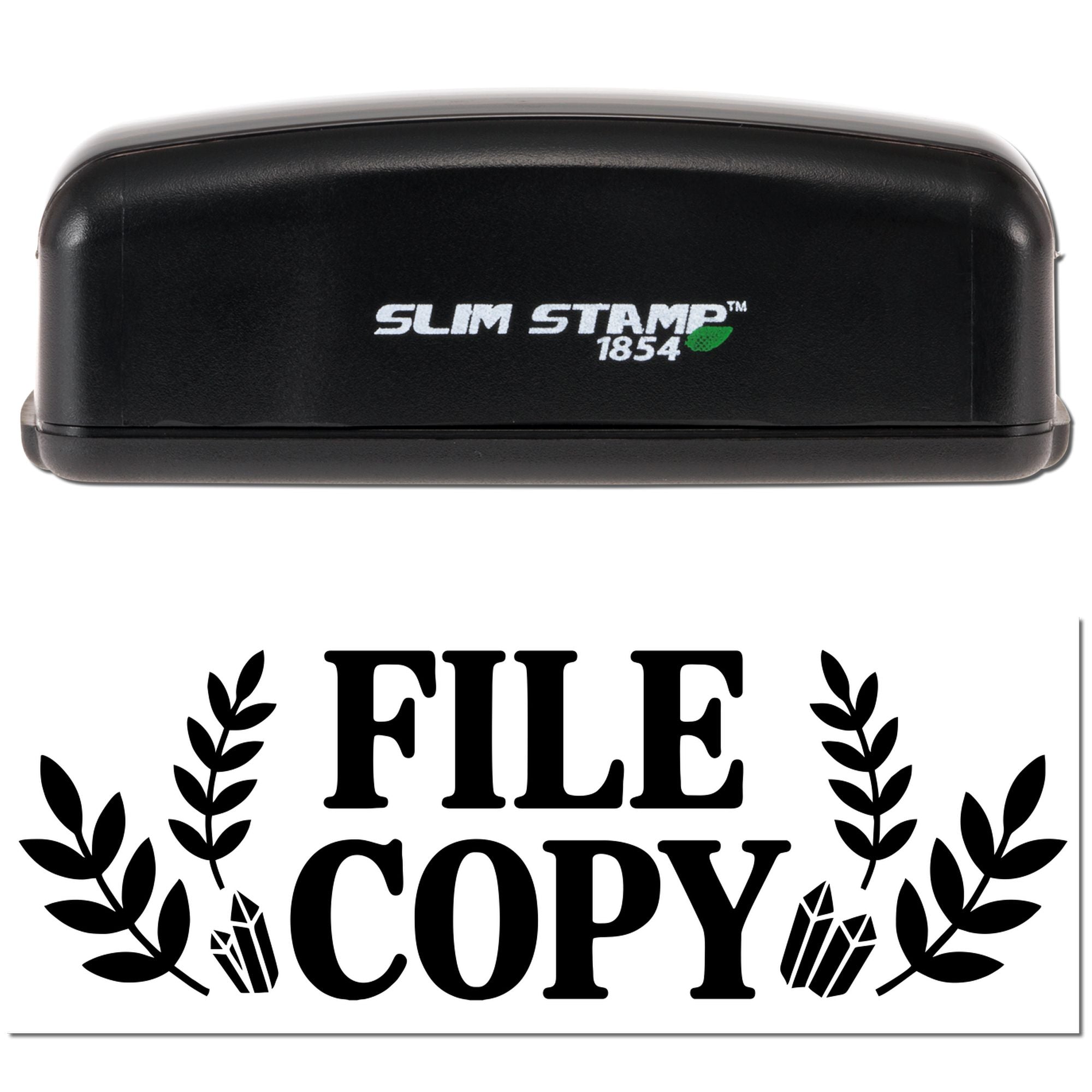 Black Slim Stamp 1854 self-inking stamp with File Copy seal impression and laurel leaves on white background.