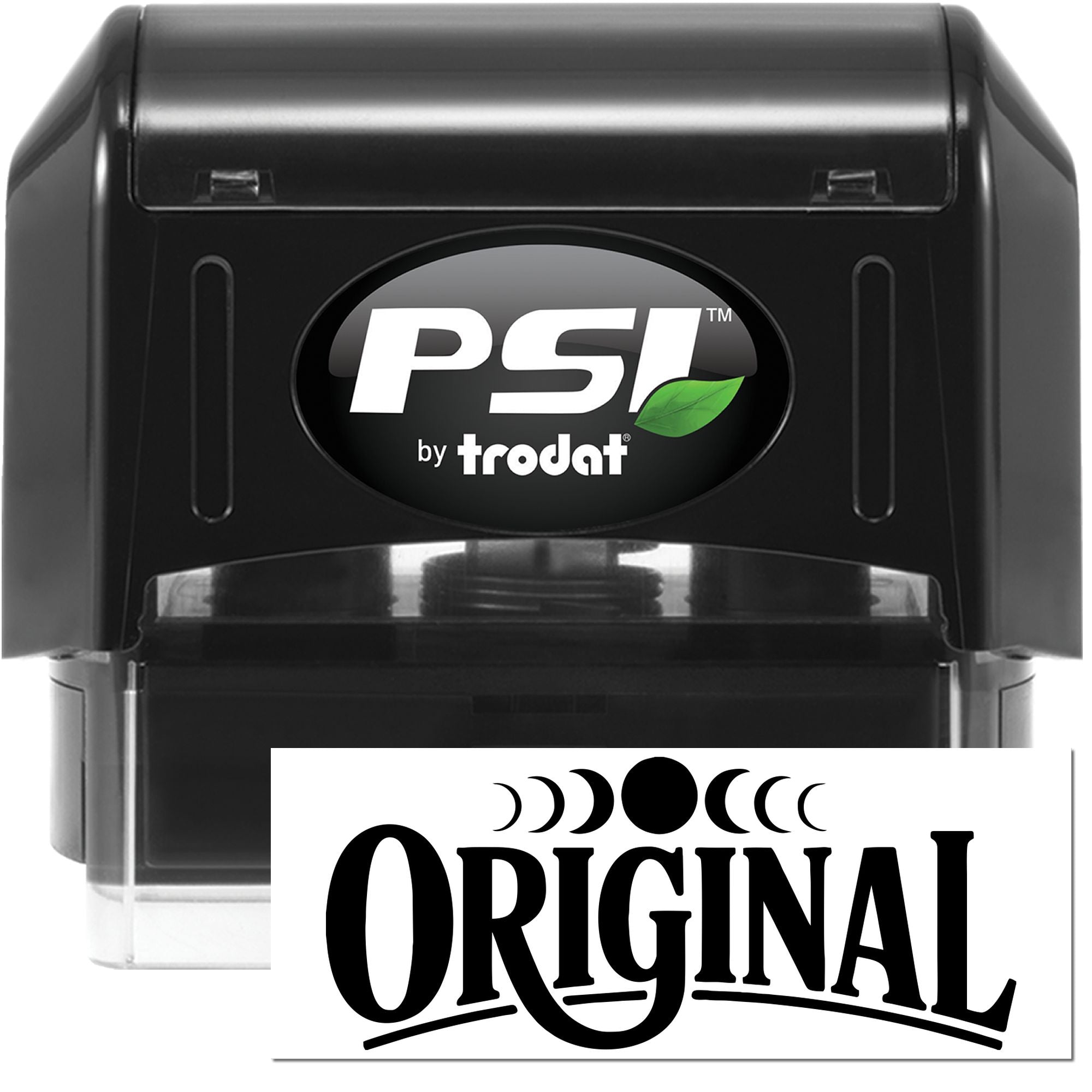 Black PSI by Trodat self-inking stamp and seal with white logo, green leaf, and Original imprint.
