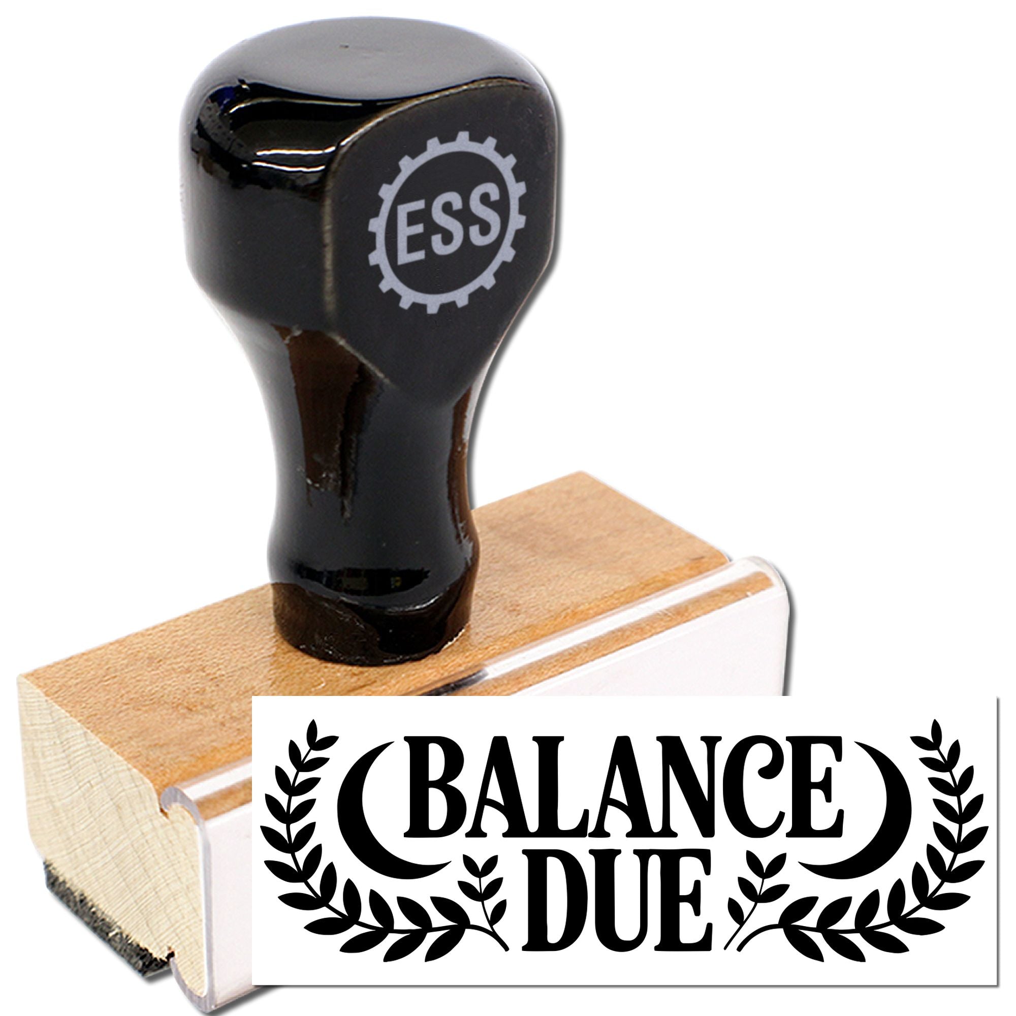 Black ESS rubber stamp on wooden handle with BALANCE DUE seal in bold black text on white.