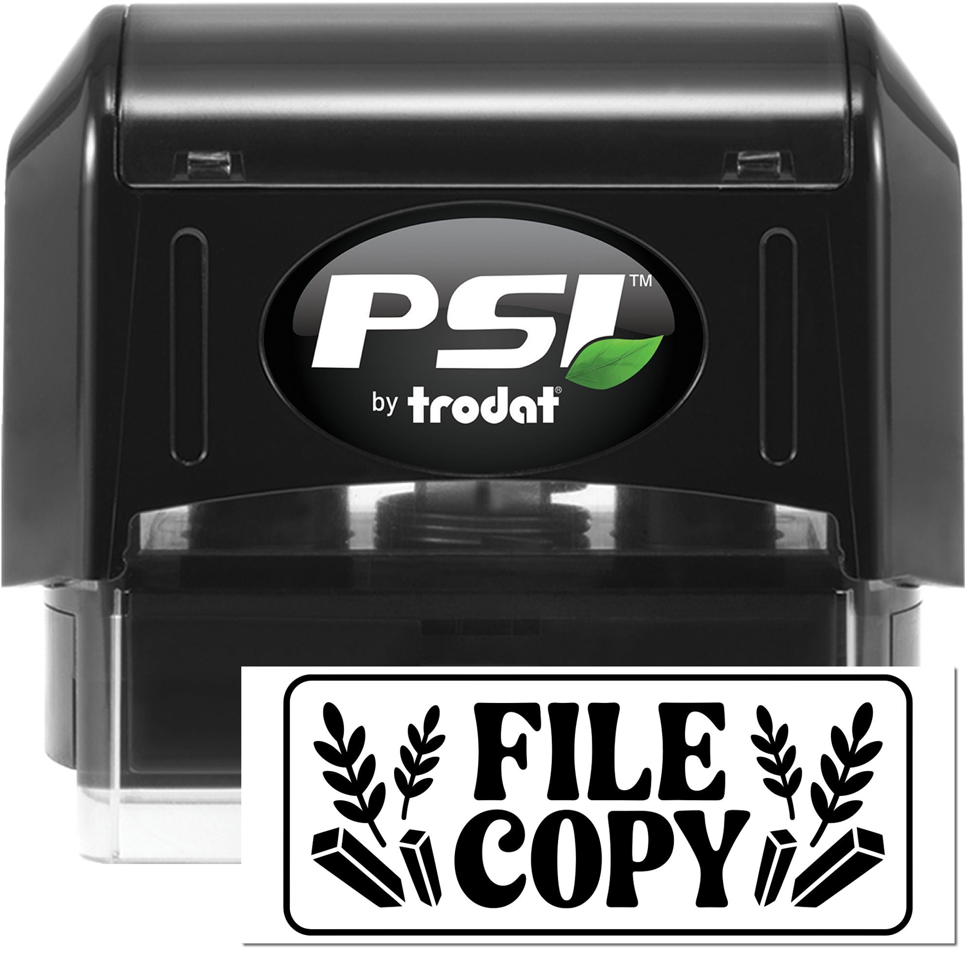 Black PSI by Trodat self-inking stamp with clear FILE COPY seal imprint and green leaf logo.