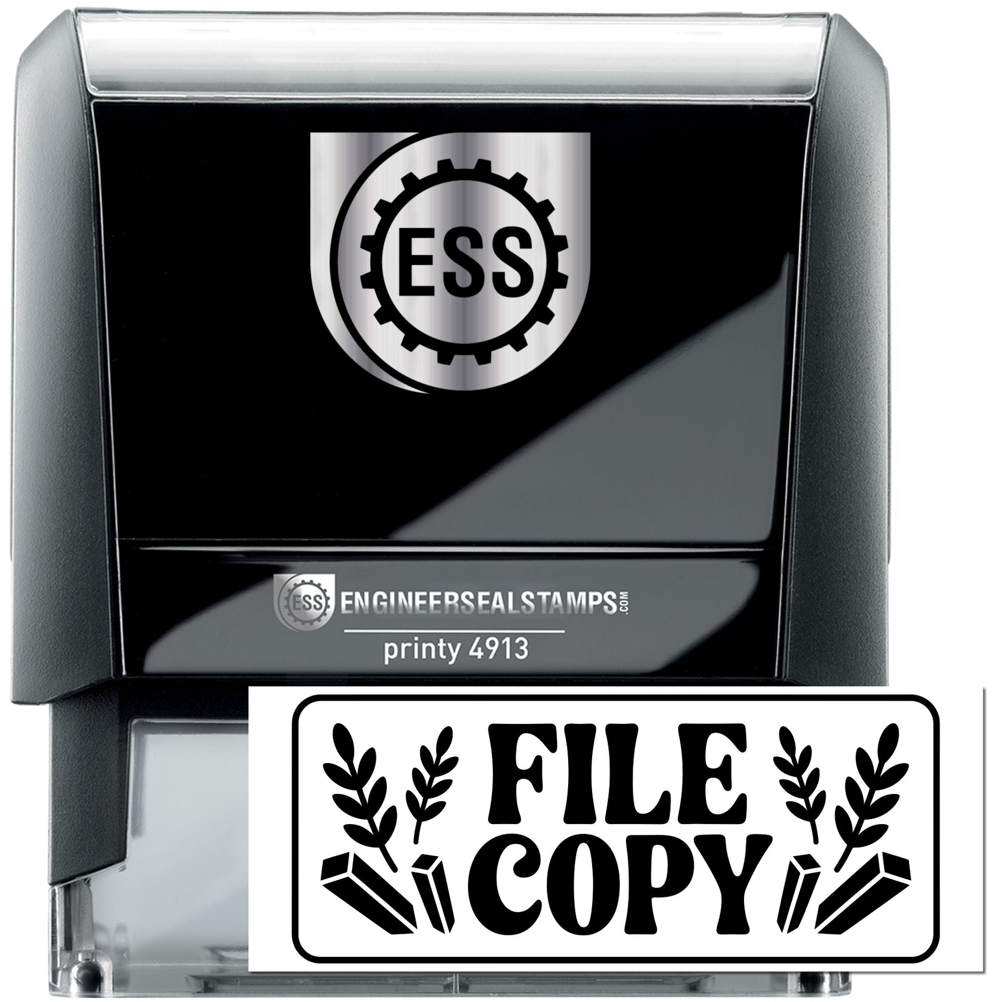 Black self-inking engineer seal stamp with silver top and ESS logo, plus white File Copy stamp with bold black lettering.