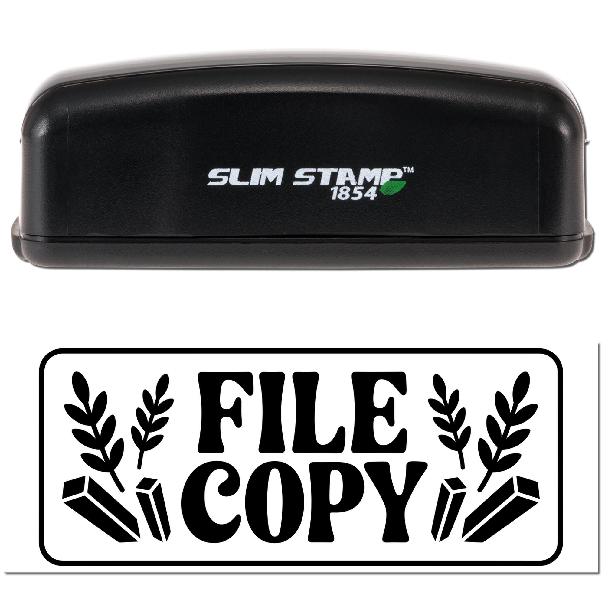 Black Slim Stamp 1854 device with printed File Copy seal, bold white lettering, black leaf accents on white.