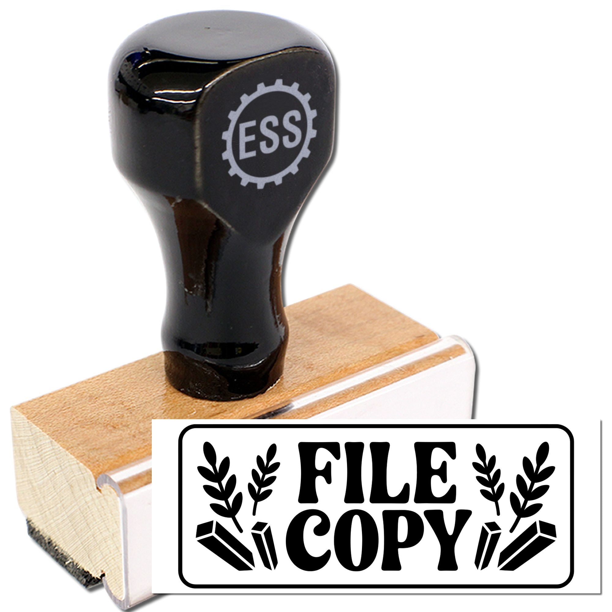 Black rubber stamp seal on wooden block, with white FILE COPY text and leaf icons.