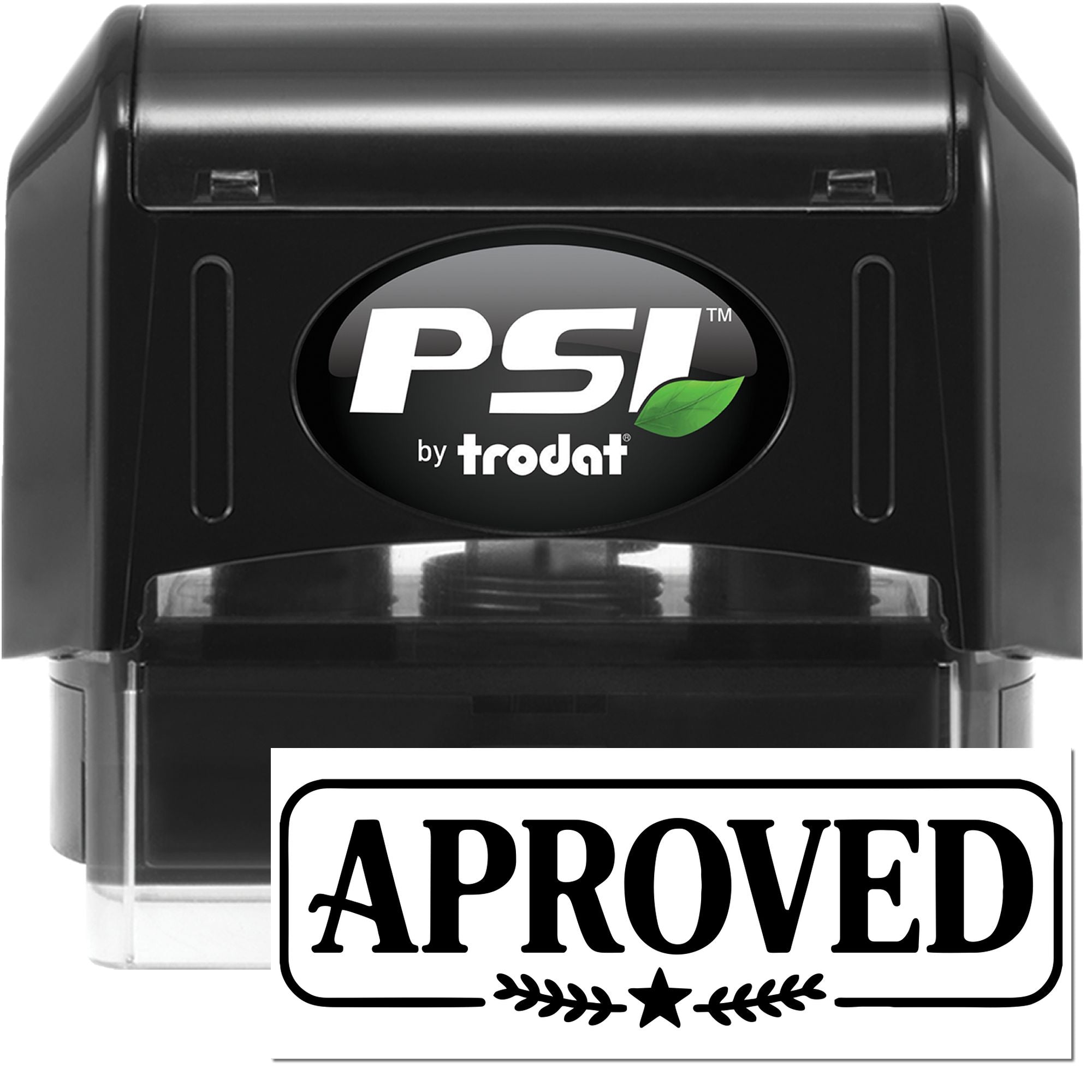 Black PSI by Trodat self-inking stamp with green leaf logo and bold Approved seal impression on white background.