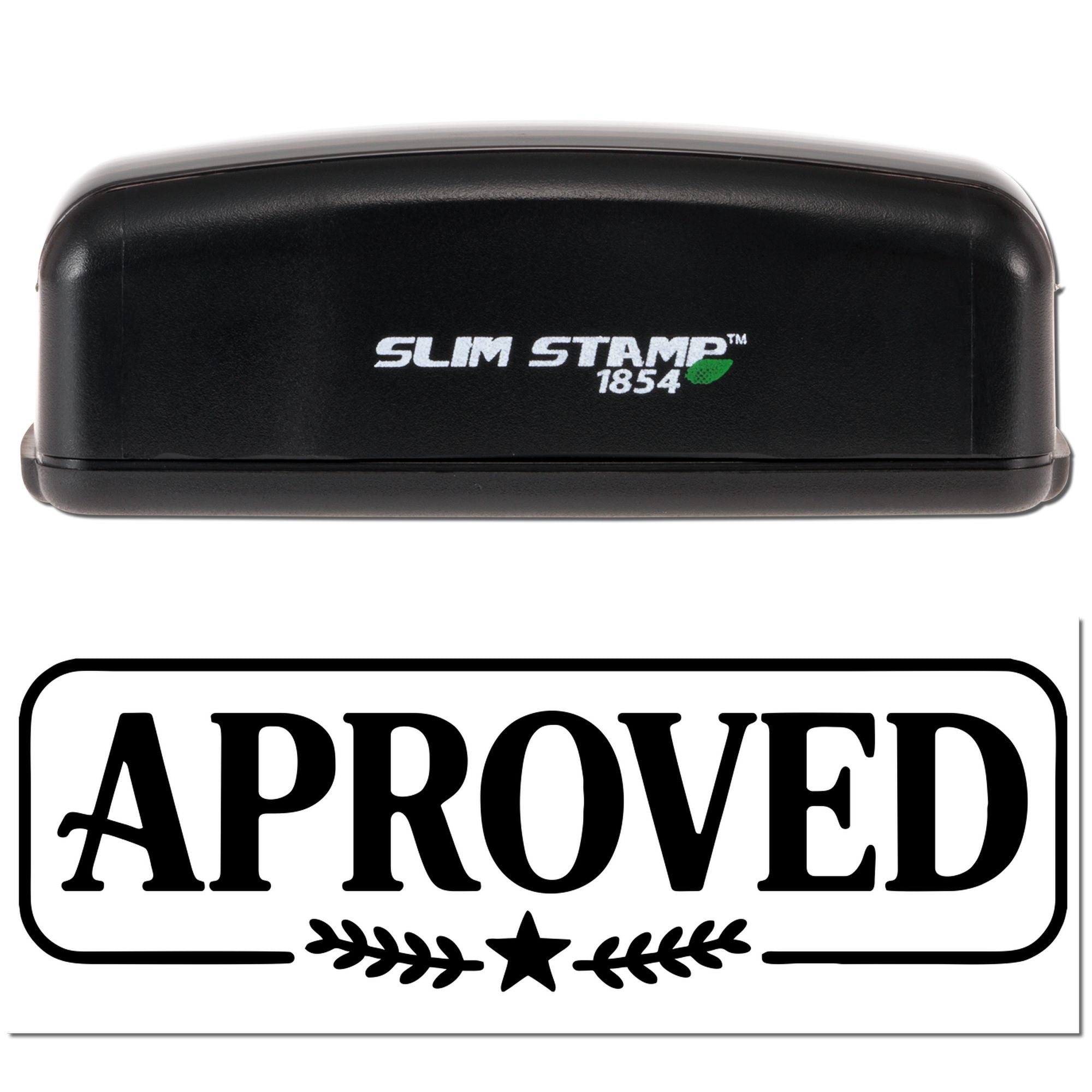 Black Slim Stamp 1854 self-inking stamp with bold black Approved seal and decorative star border