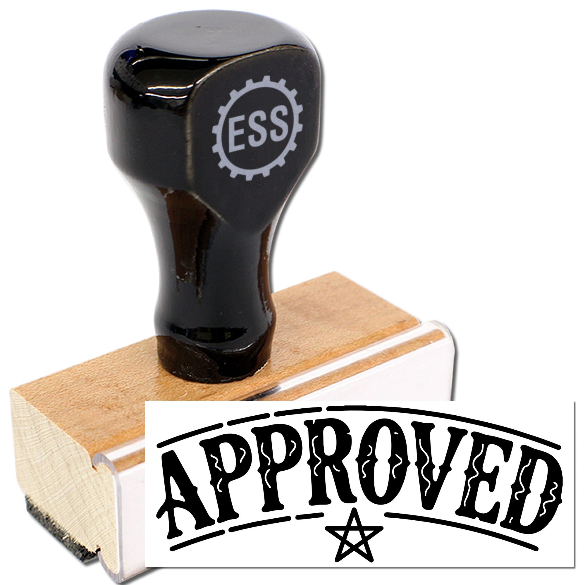 Black rubber approval stamp with wood base and bold APPROVED seal on white background.
