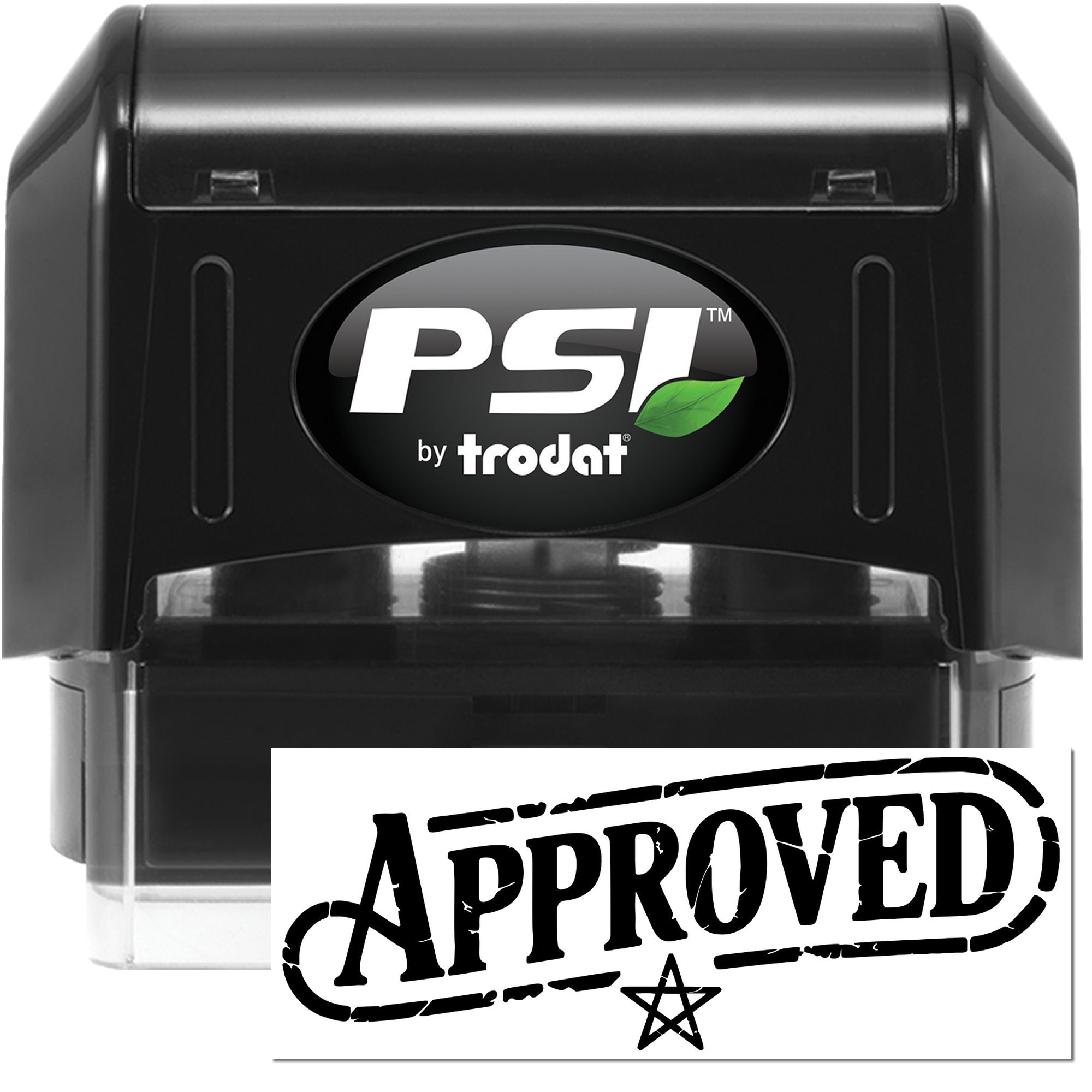 Black PSI by Trodat self-inking stamp and seal set with green leaf logo and bold APPROVED seal imprint.