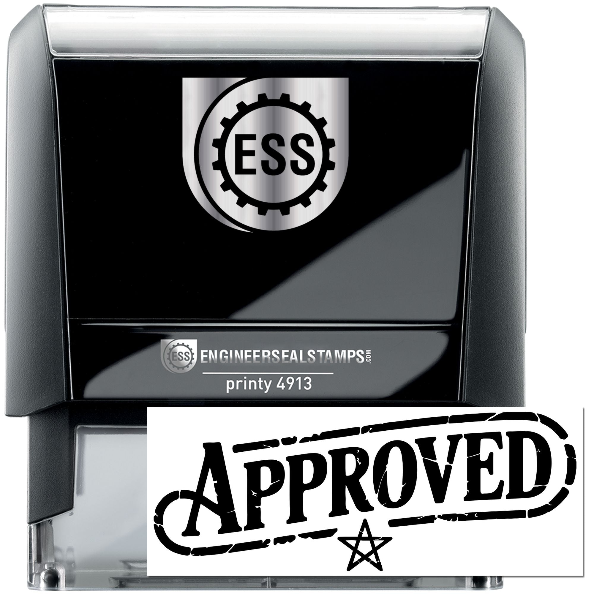 Black ESS EngineersSealStamps printy 4913 self-inking stamp and seal with silver gear logo and bold Approved imprint.