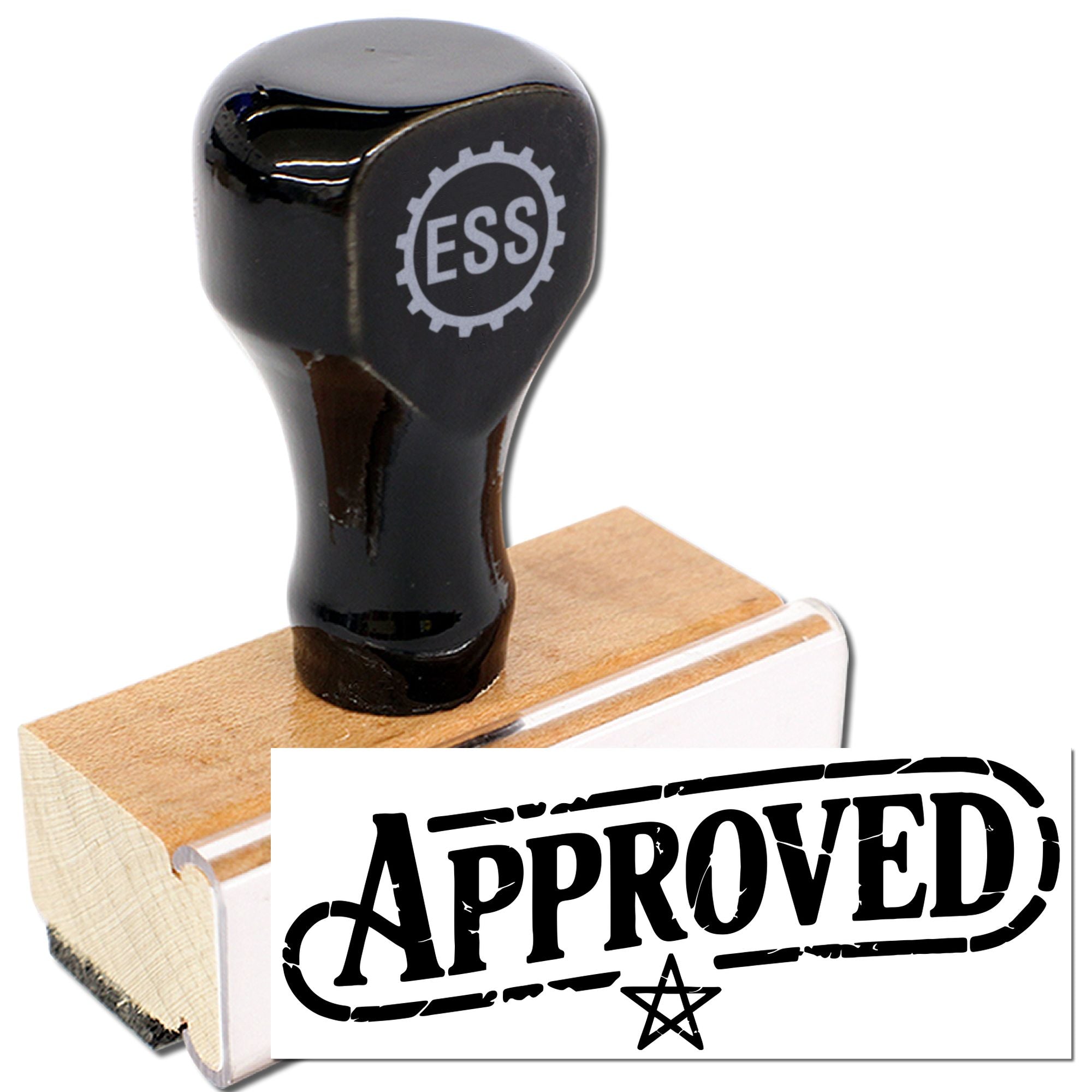 Black ESS rubber stamp on wooden block with bold Approved seal imprint.