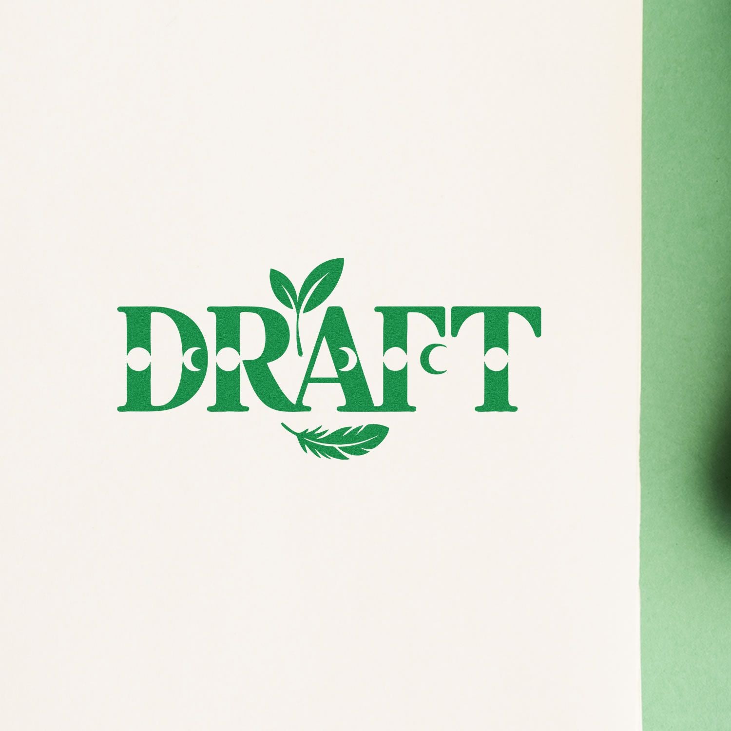 Green DRAFT stamp seal with leaf accents on white paper, framed by a pale green border.