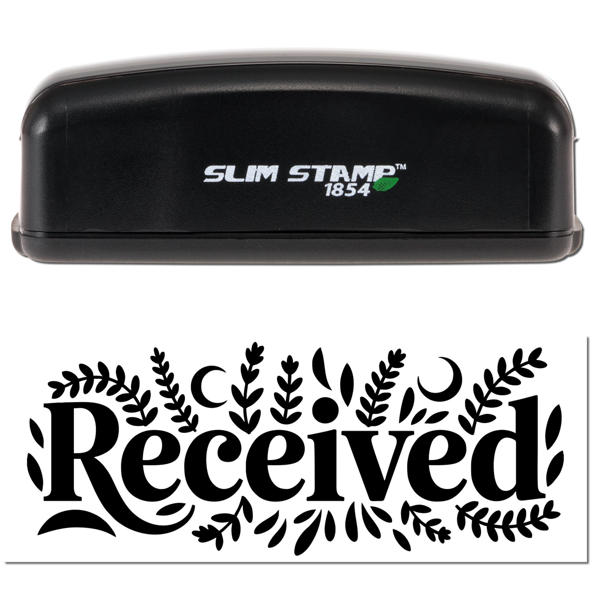 Black Slim Stamp 1854 stamp and seal with white Received lettering and leafy decorative accents.