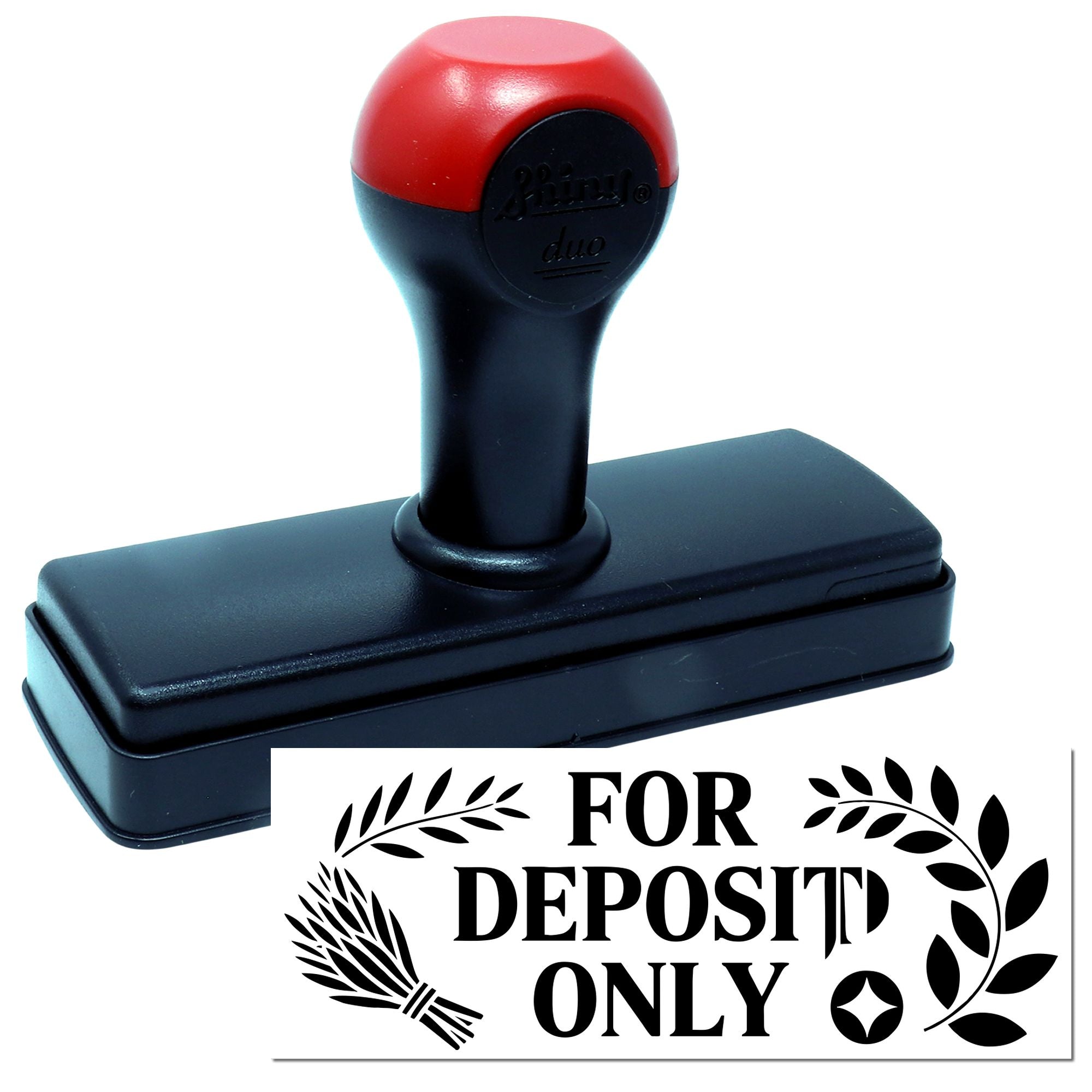 Red and black self-inking stamp with "For Deposit Only" seal, decorative leaf wreath, and rectangular black base.