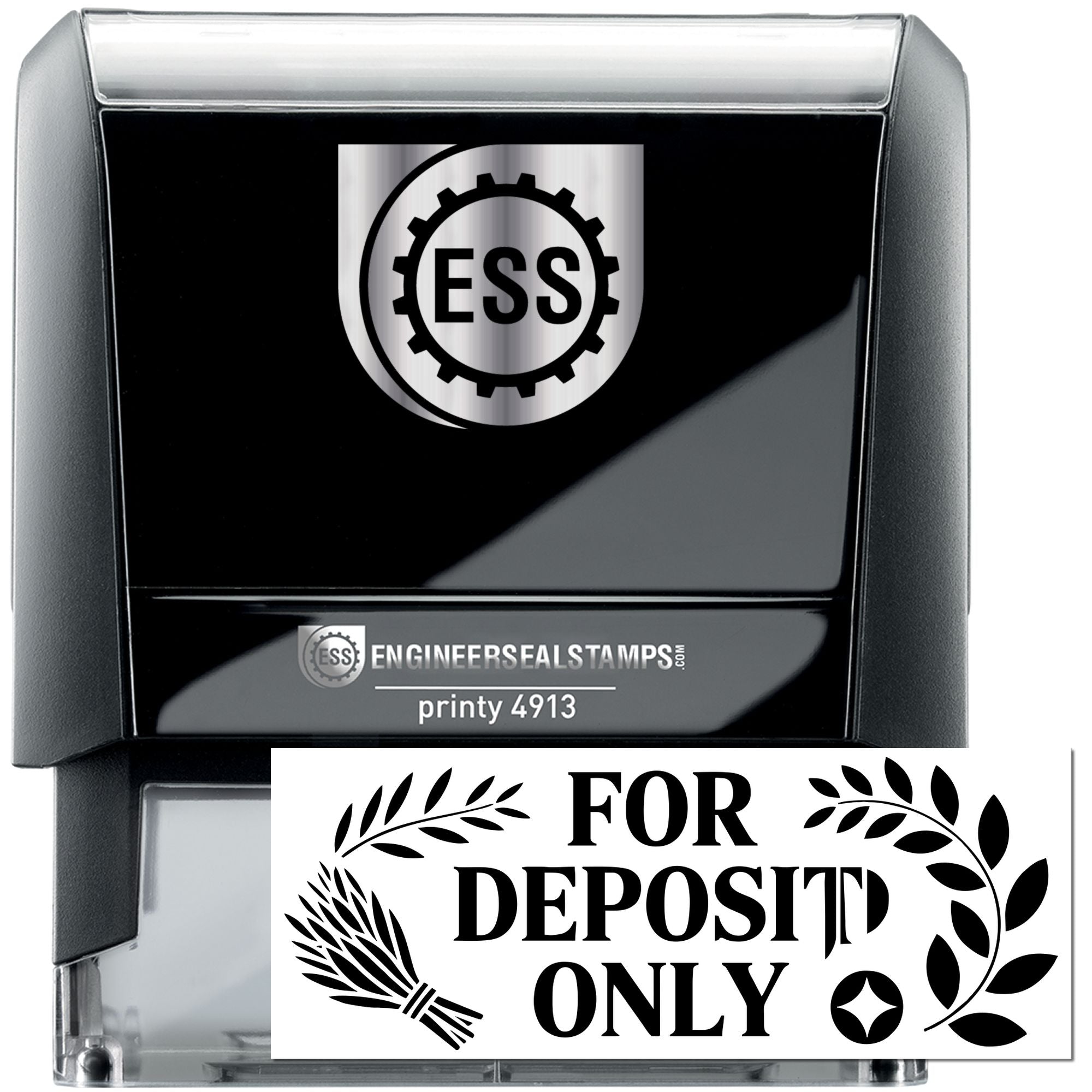 Black self-inking ESS stamp with silver trim and white FOR DEPOSIT ONLY bank seal with laurel design.