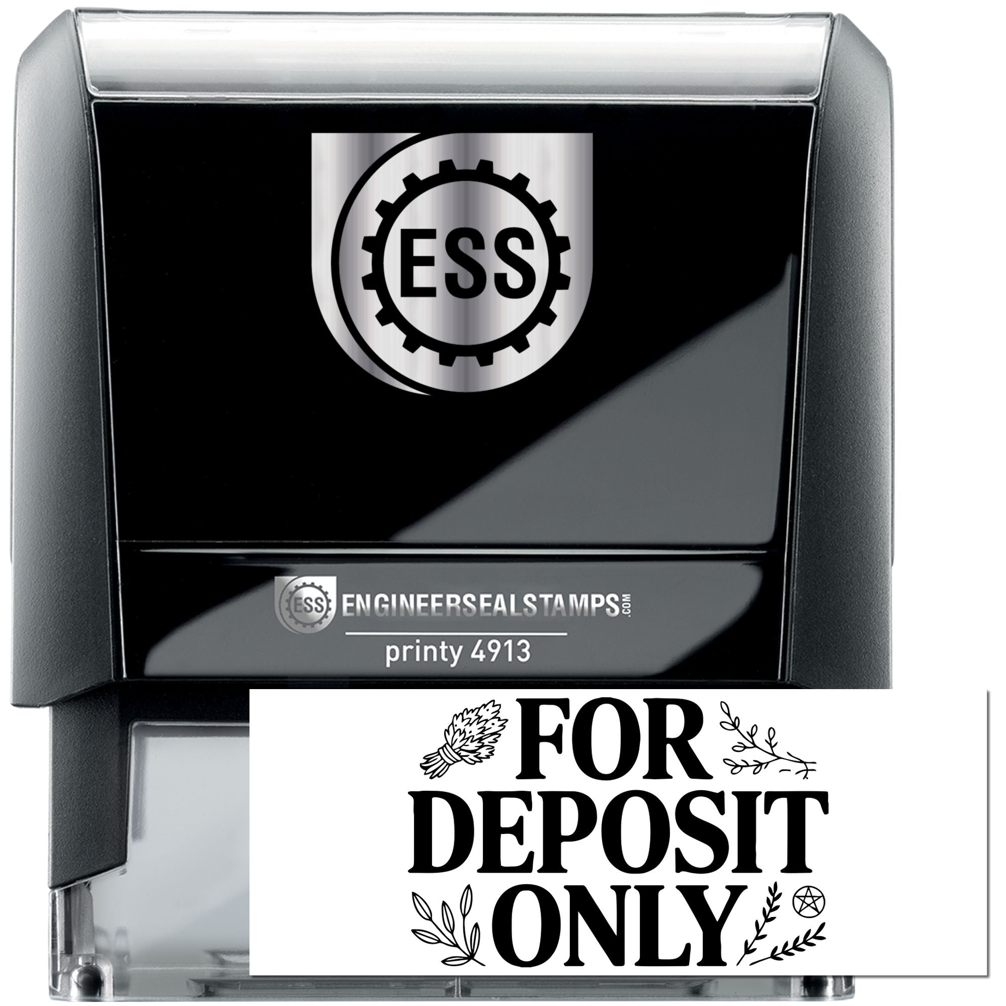 Black self-inking stamp and seal with silver top, ESS logo, and white For Deposit Only plate.