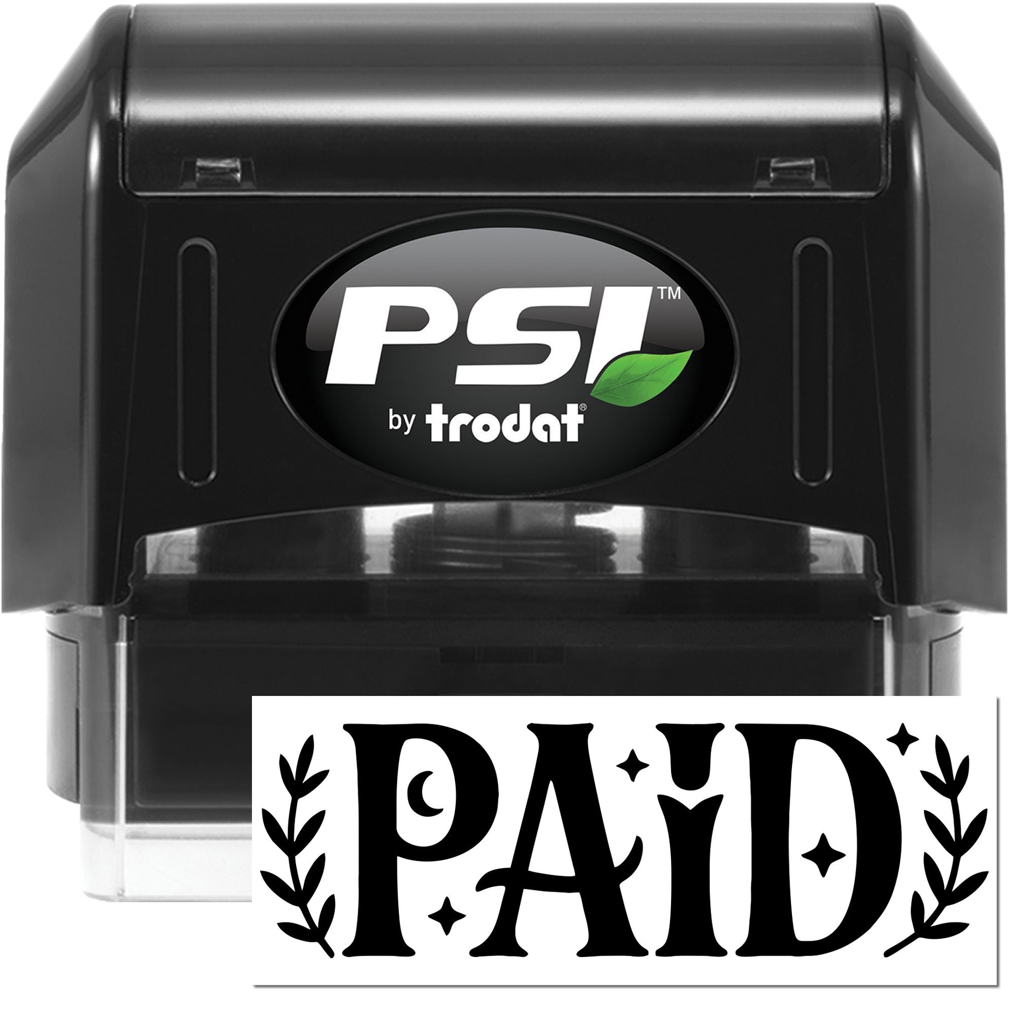 Black PSI by Trodat self-inking stamp and seal with bold PAID impression on white.