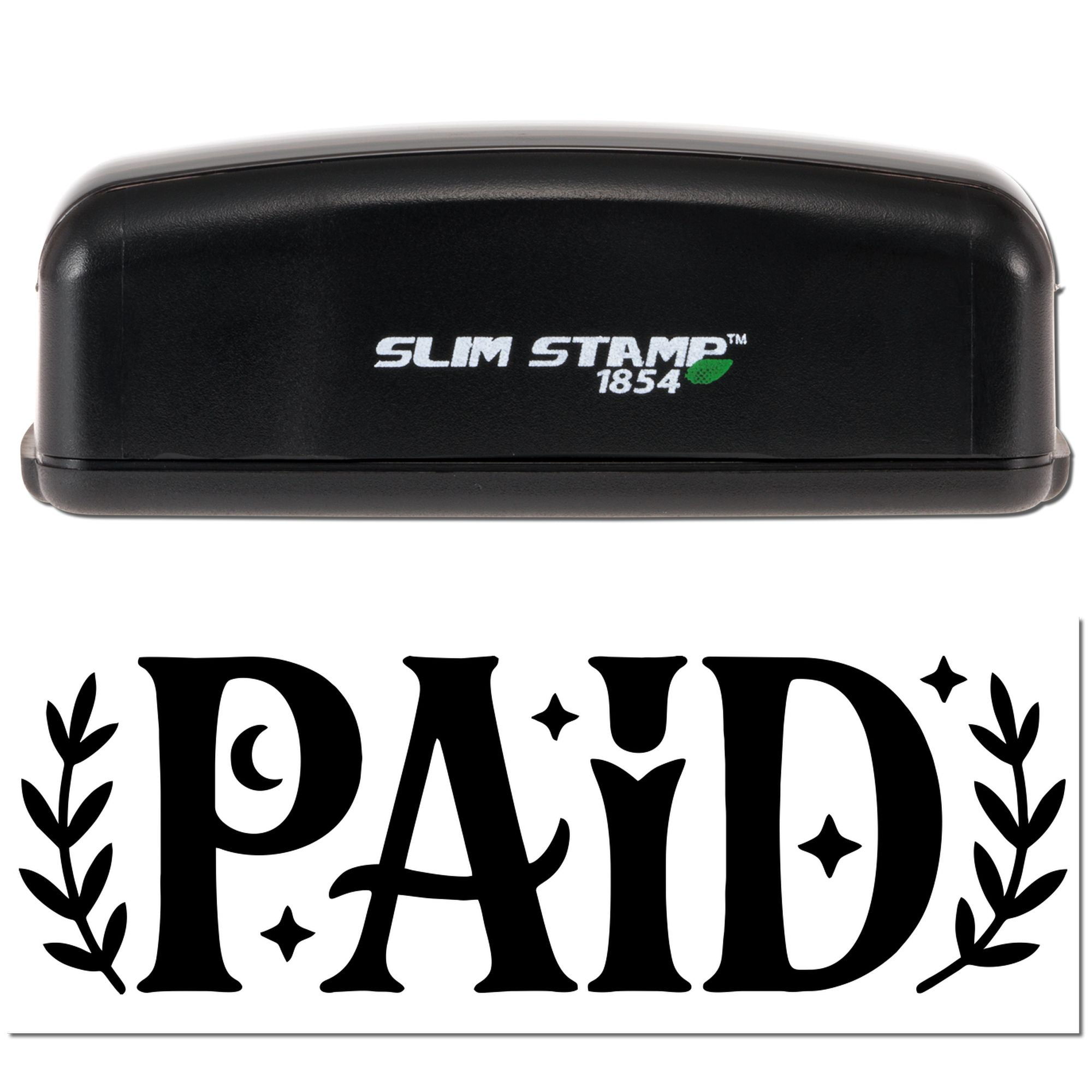 Black Slim Stamp 1854 self-inking stamp and seal with decorative black PAID imprint on white