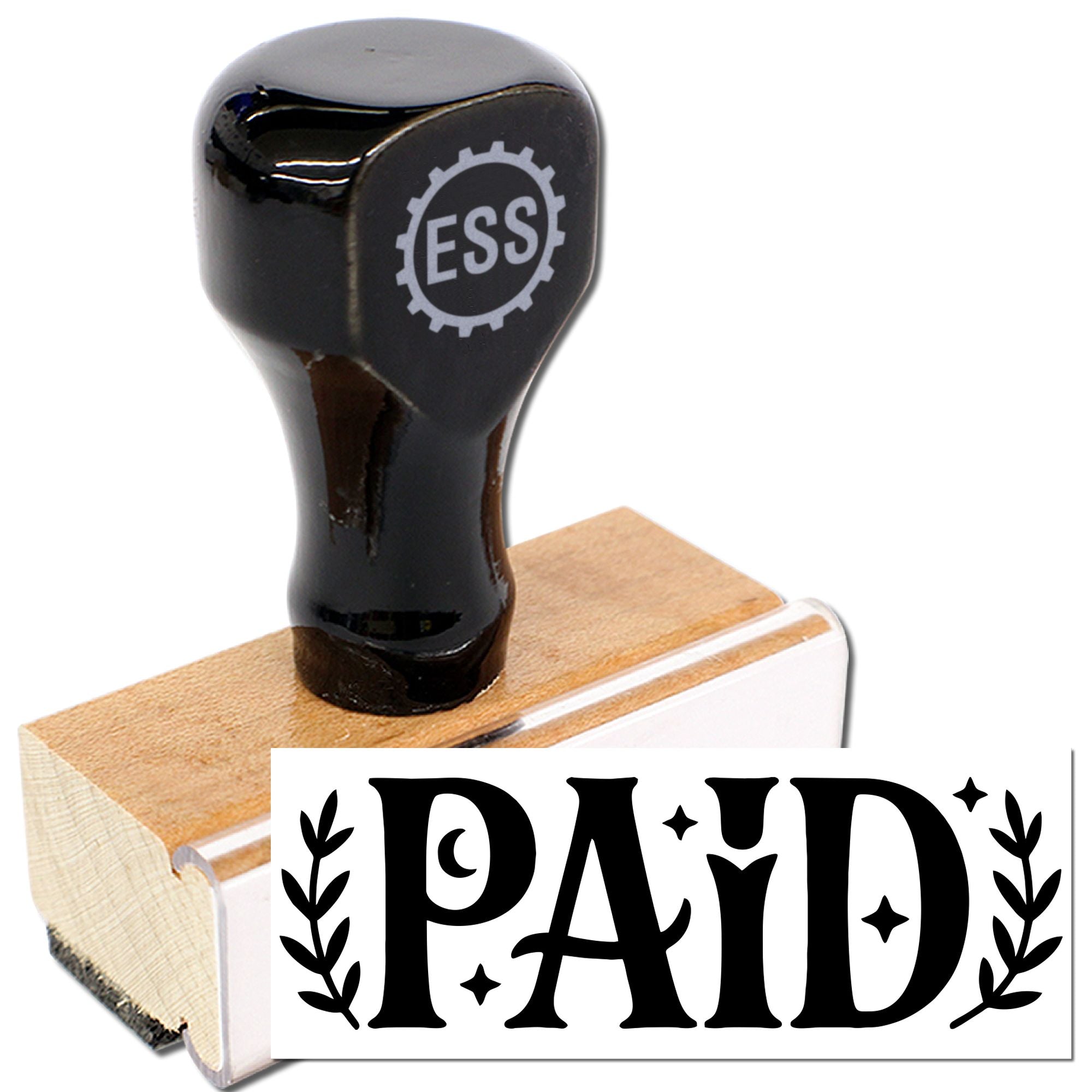 Black self-inking stamp and seal with wood block, showing bold black PAID text on a white impression.