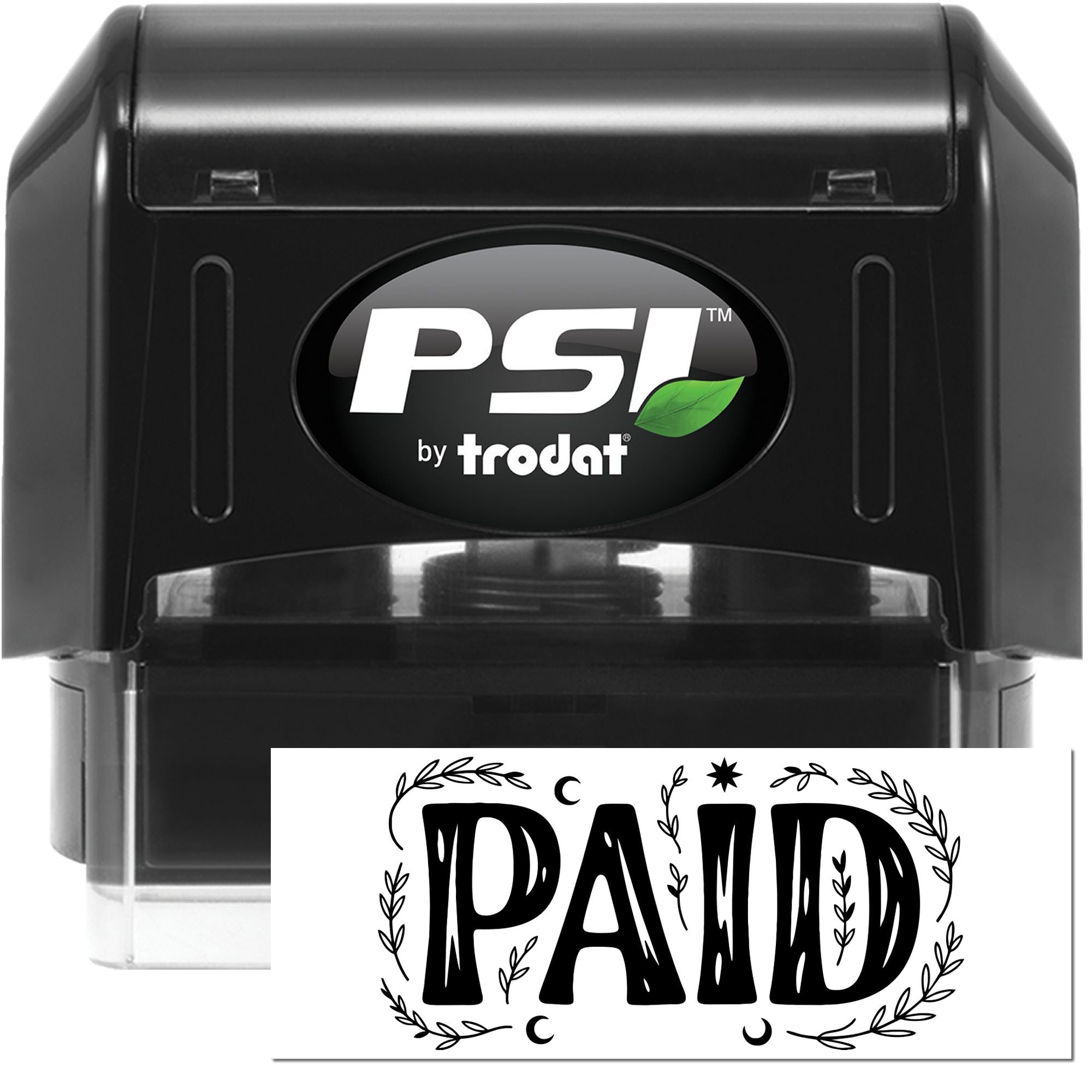 Black PSI by Trodat self-inking stamp with green leaf logo and PAID seal impression