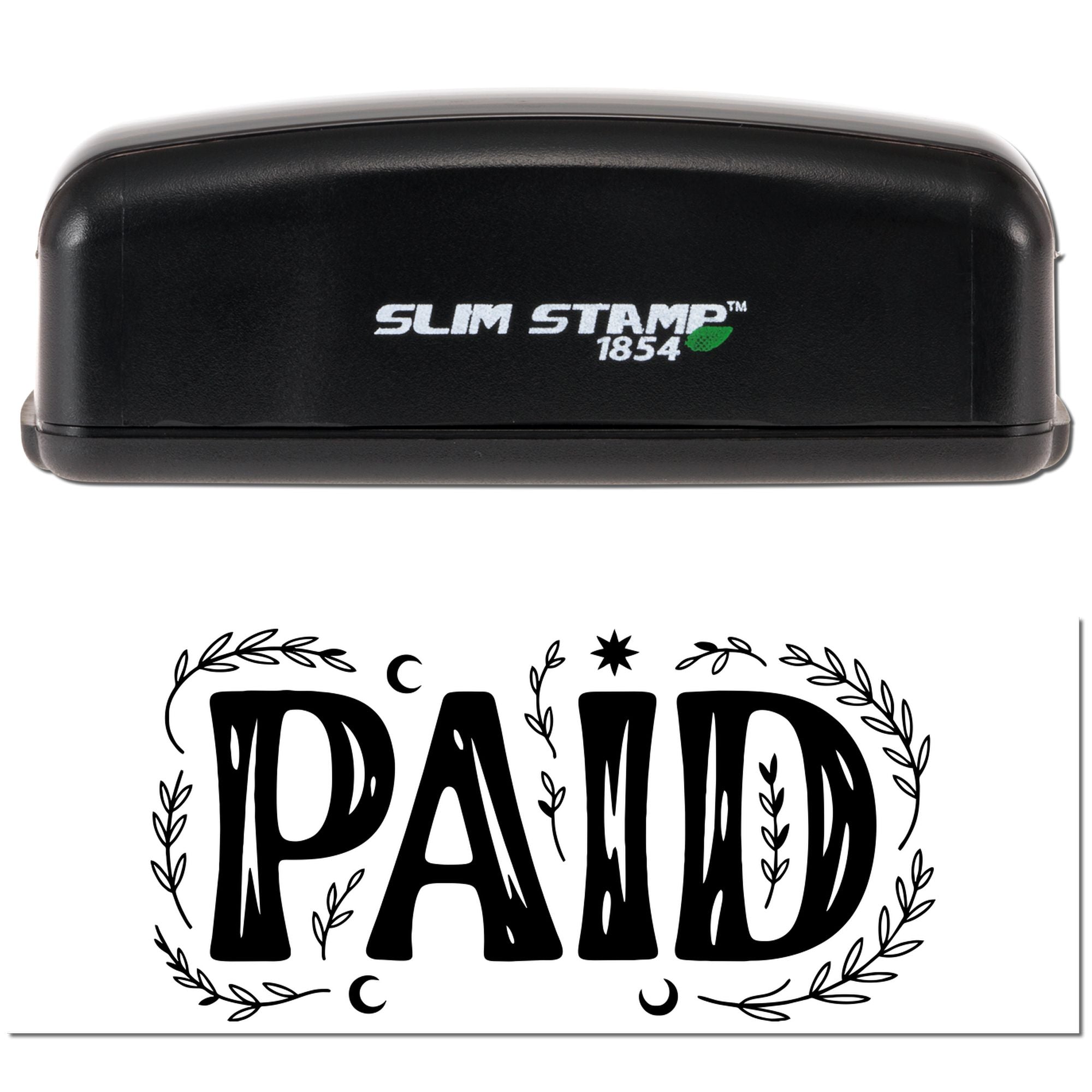 Black Slim Stamp 1854 self-inking stamp with green logo, showing a bold black PAID seal framed by laurel leaves.