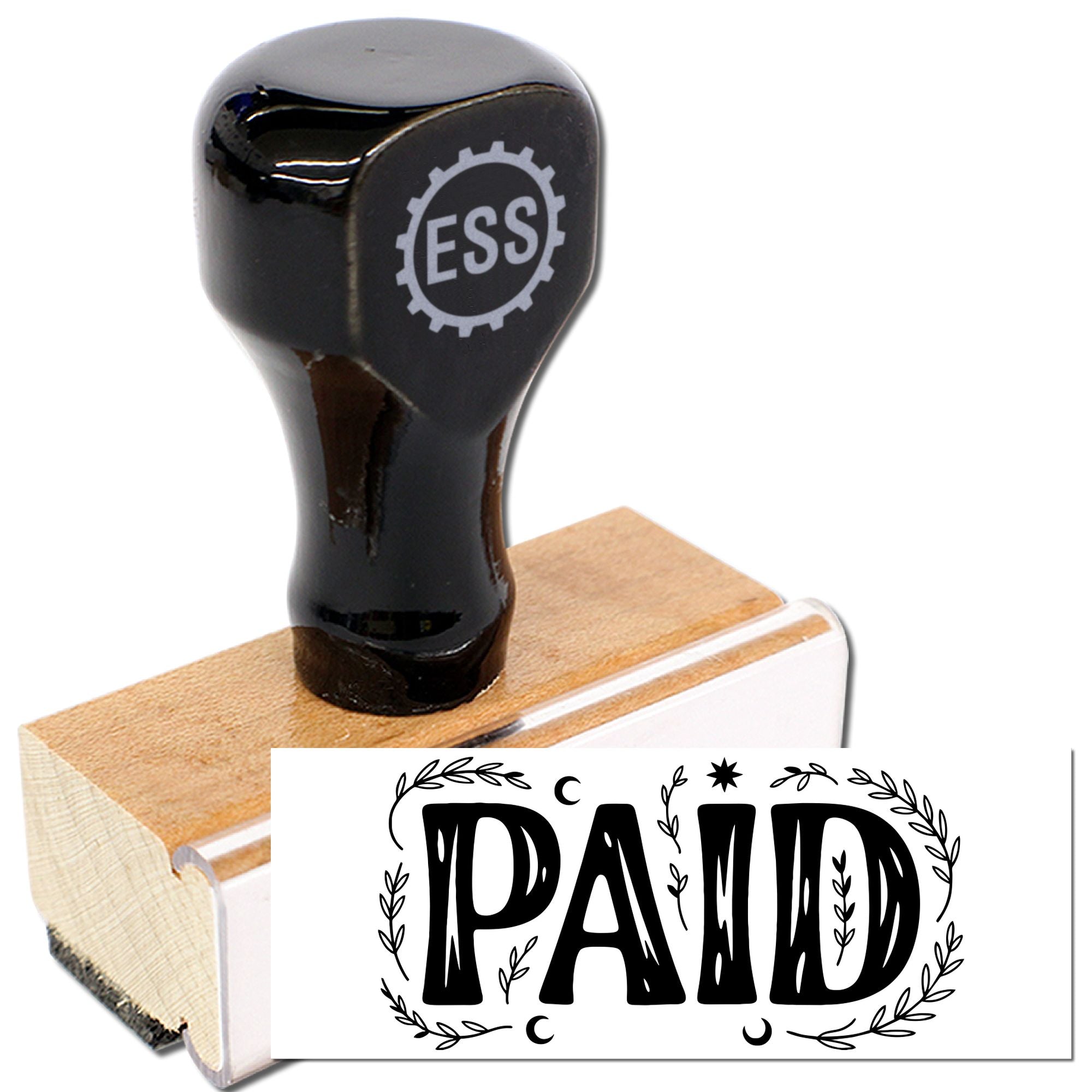 Black self-inking stamp and seal with wooden base, white PAID mark, and ESS logo