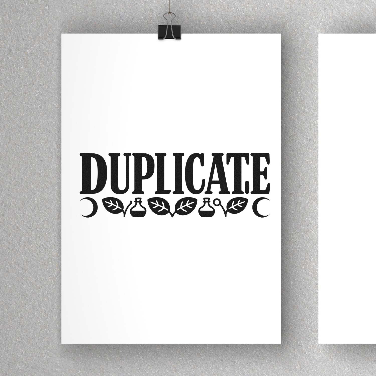 Black DUPLICATE stamp and seal design on white paper with leaf and moon icons, clipped against a gray textured background.