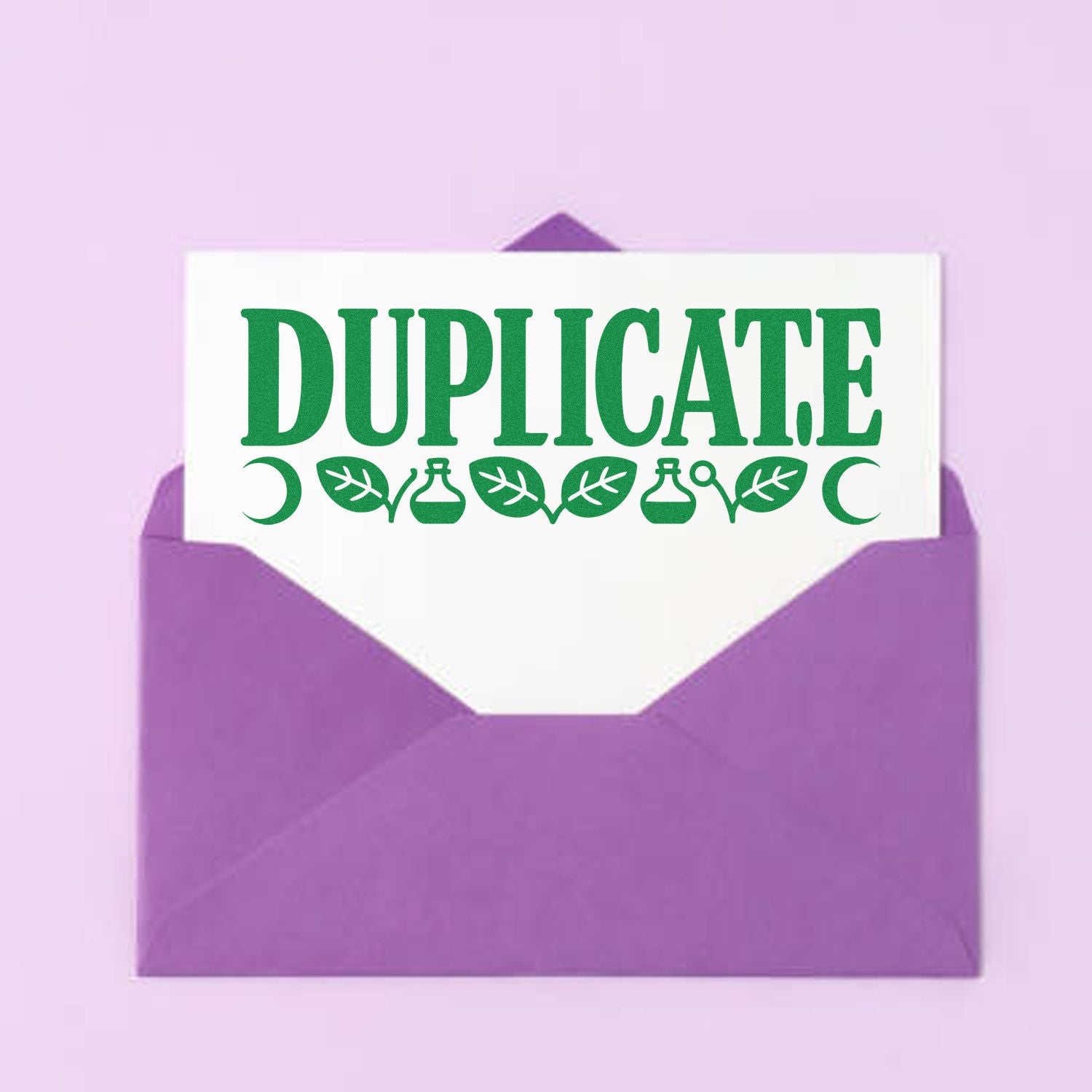 Purple envelope seal stamp with white insert, green DUPLICATE text, and decorative leaf icons