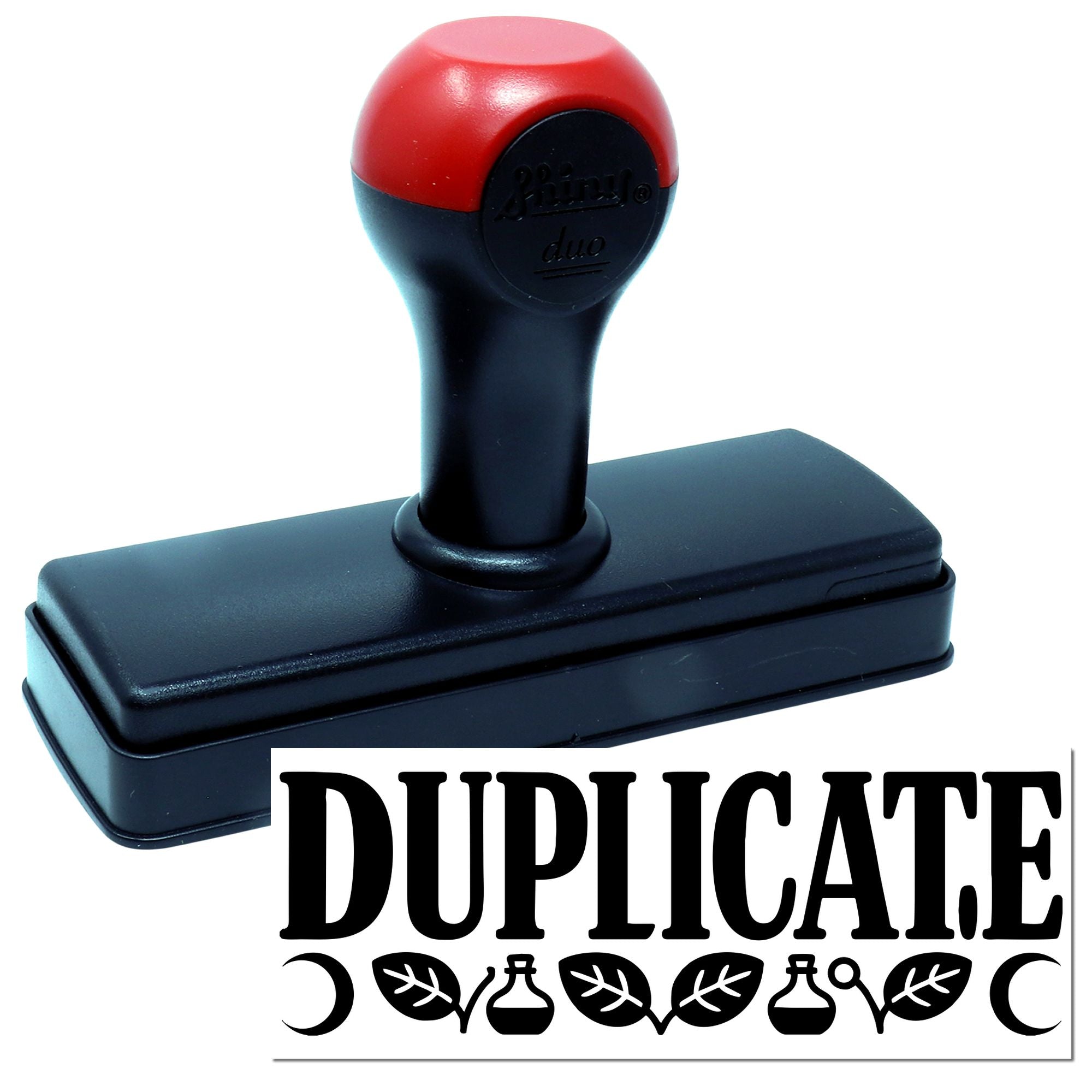 Red-and-black self-inking duplicate stamp and seal with rectangular base and bold DUPLICATE label.