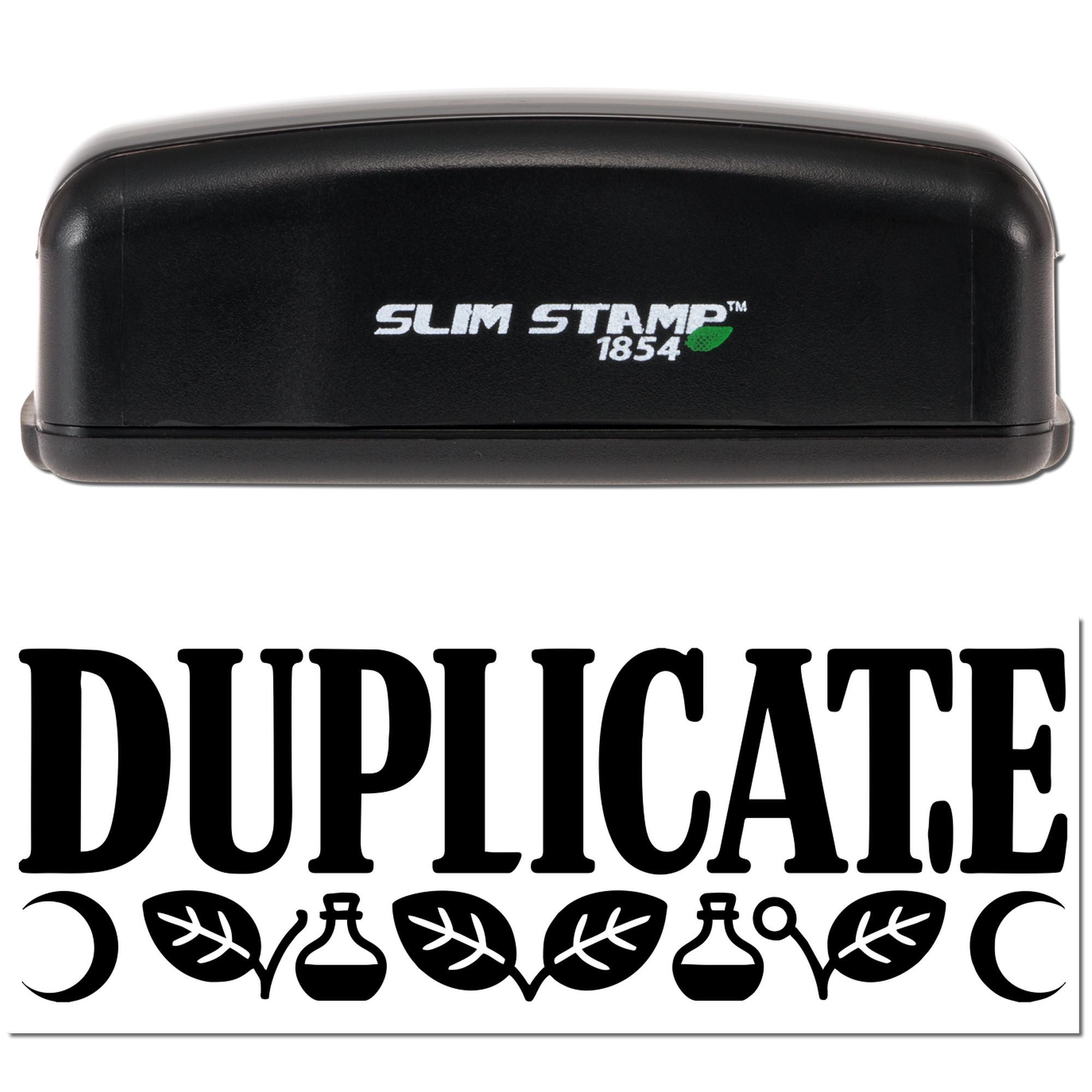 Black Slim Stamp 1854 embossing stamp with white logo, shown above a bold DUPLICATE seal design with leaf motifs on white.