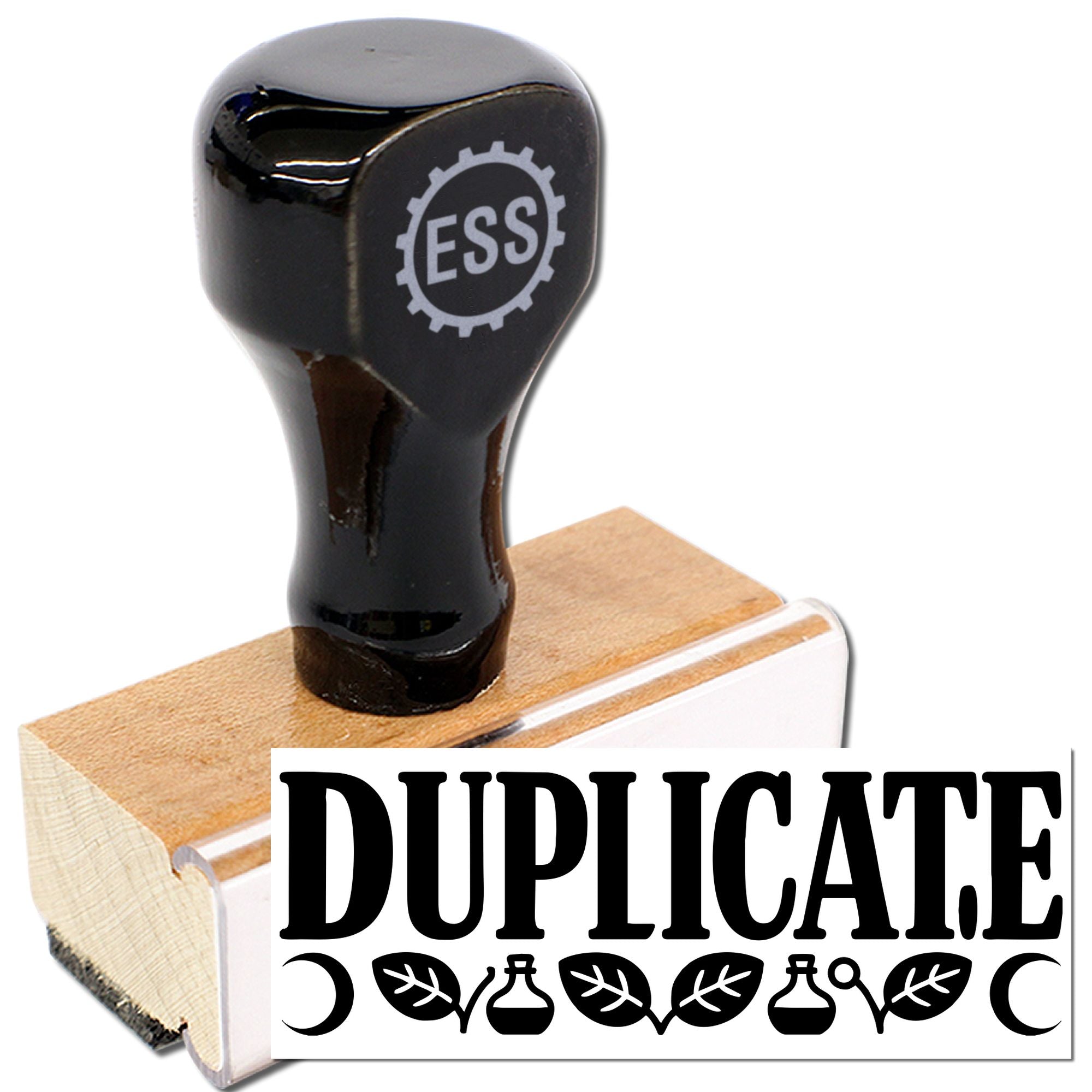 Black ESS duplicate rubber stamp and seal on a wooden block with bold DUPLICATE text