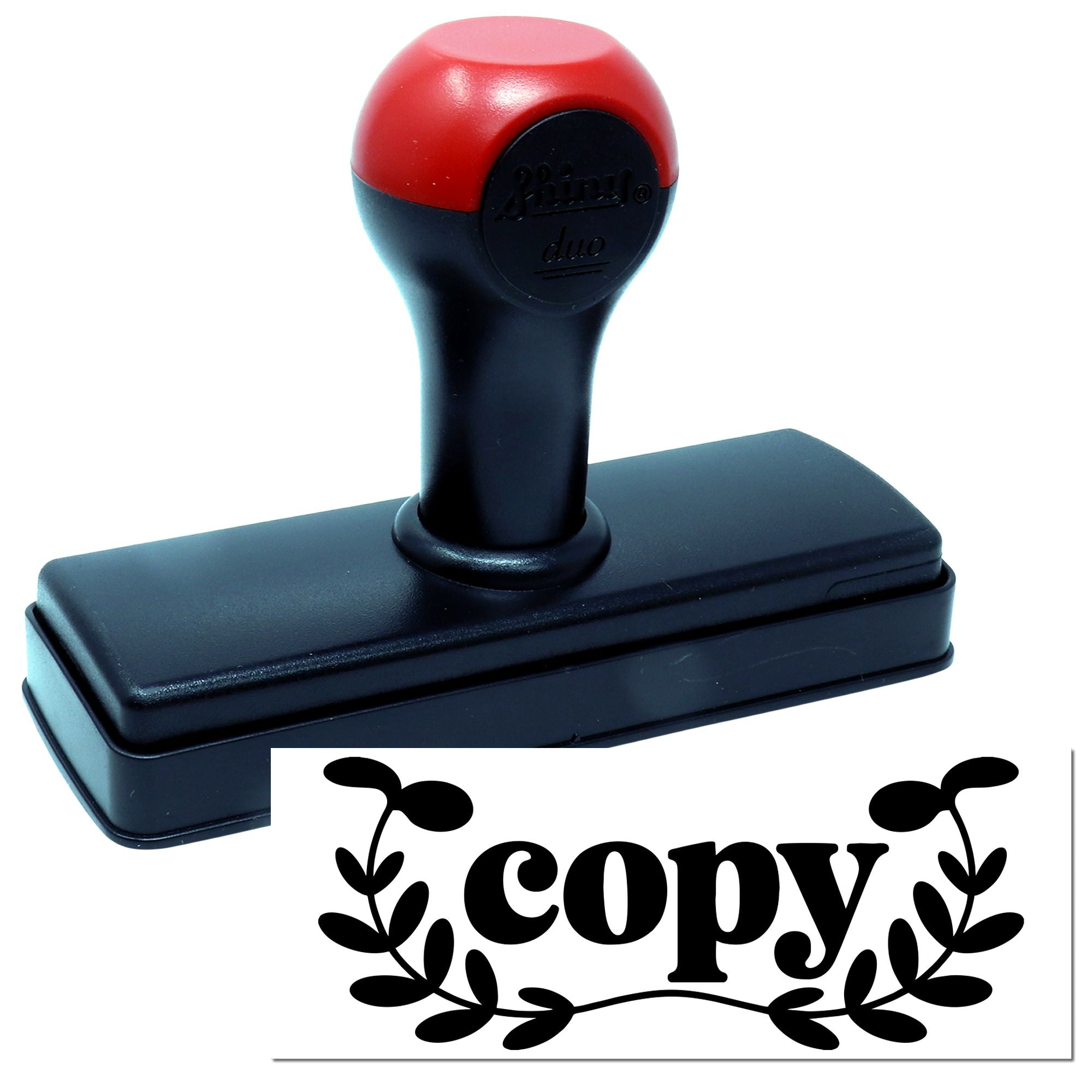 Black self-inking stamp with red handle and a white copy seal graphic framed by laurel leaves.