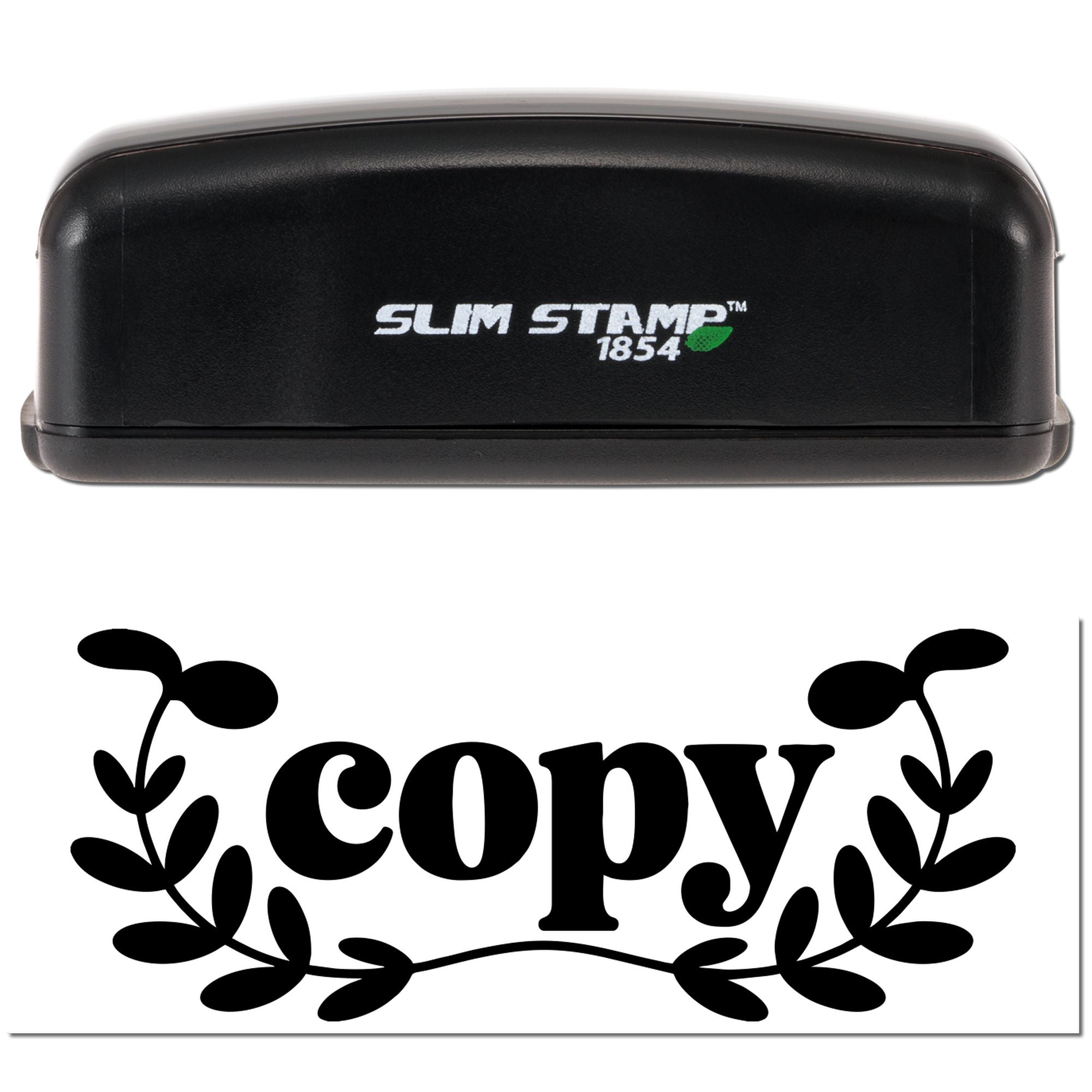 Black Slim Stamp 1854 self-inking stamp and seal with white logo, green leaf accent, and bold black copy design.