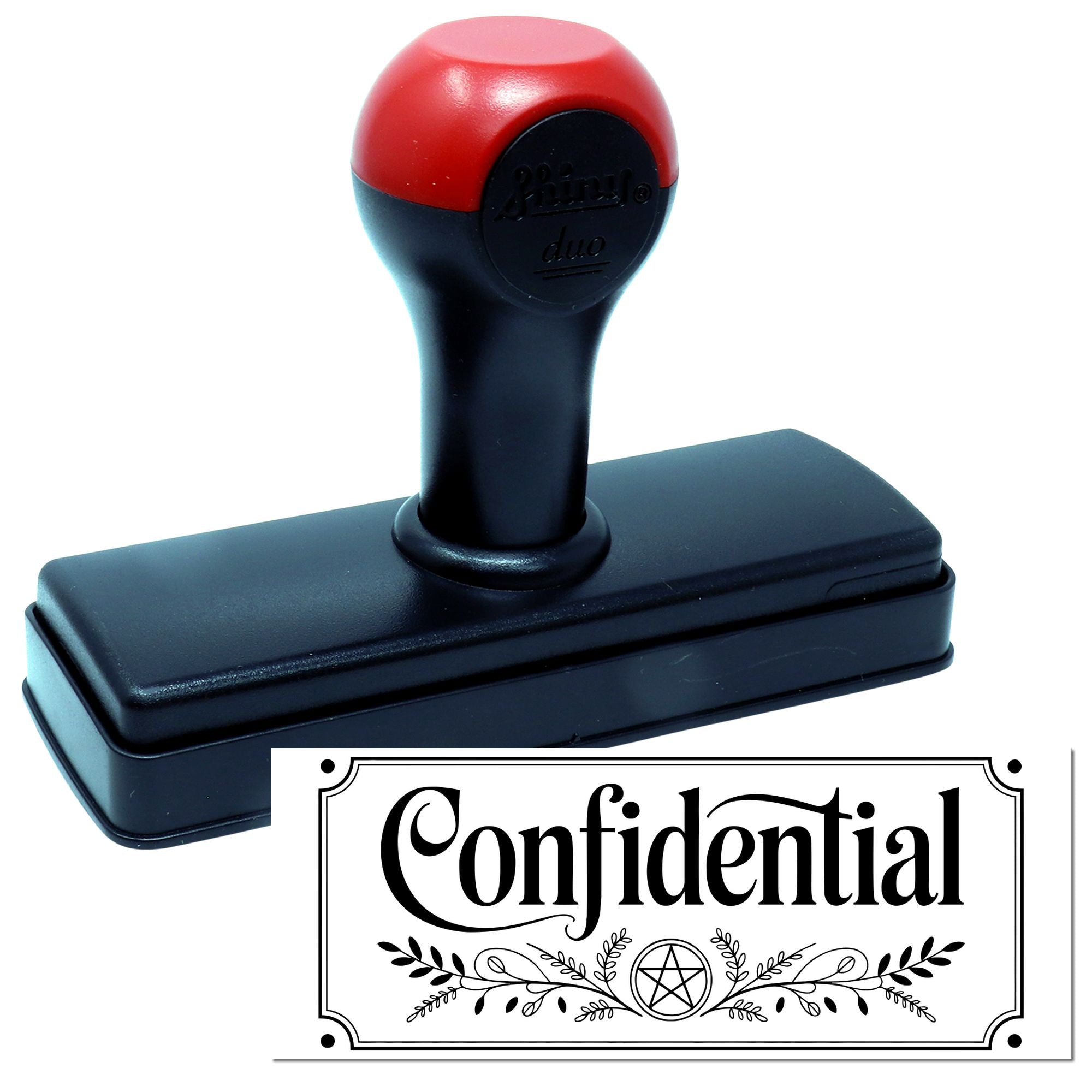 Black and red self-inking stamp with confidentiality seal design, featuring ornate border and decorative lettering.