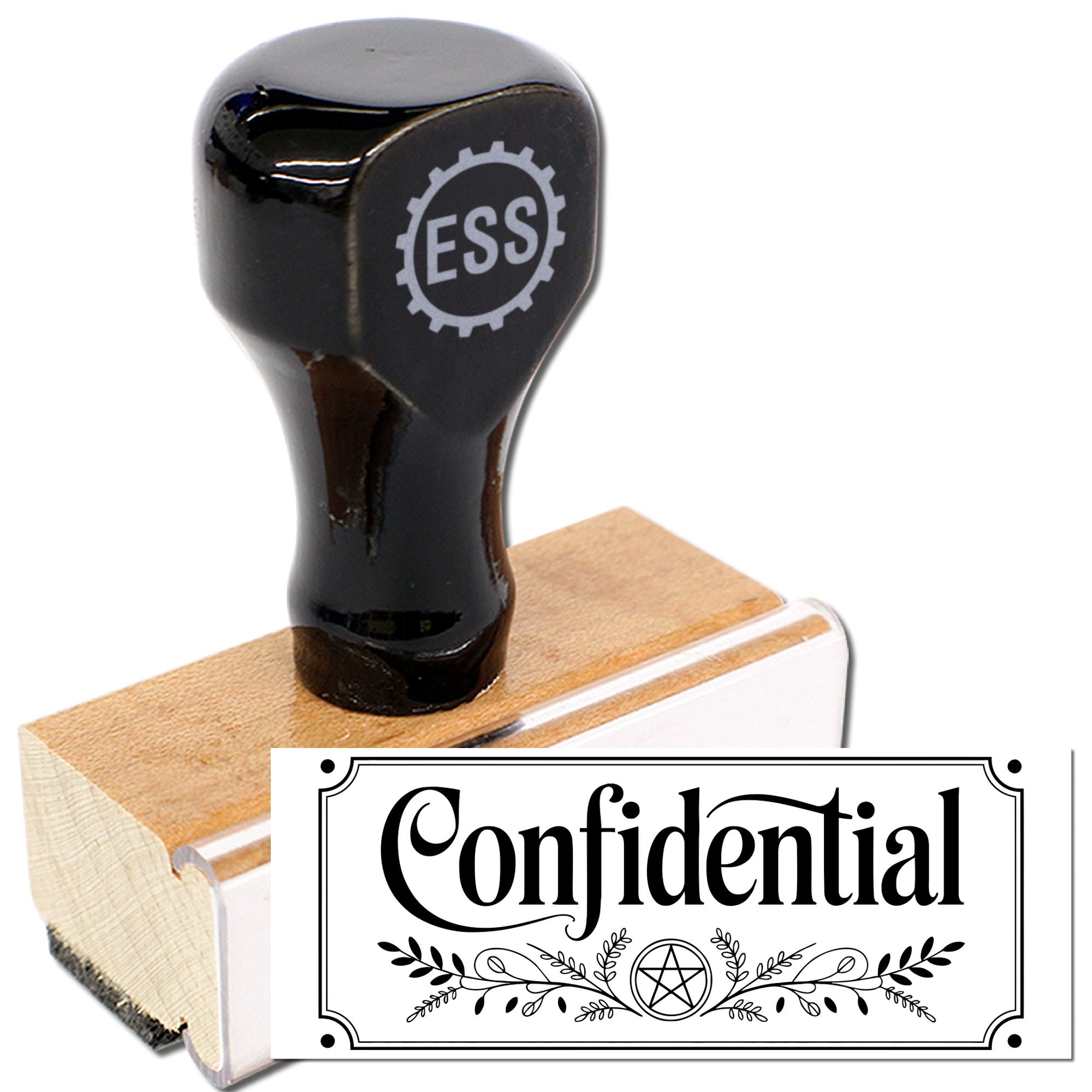 Black ESS rubber stamp with wooden base and white confidential seal label with decorative border