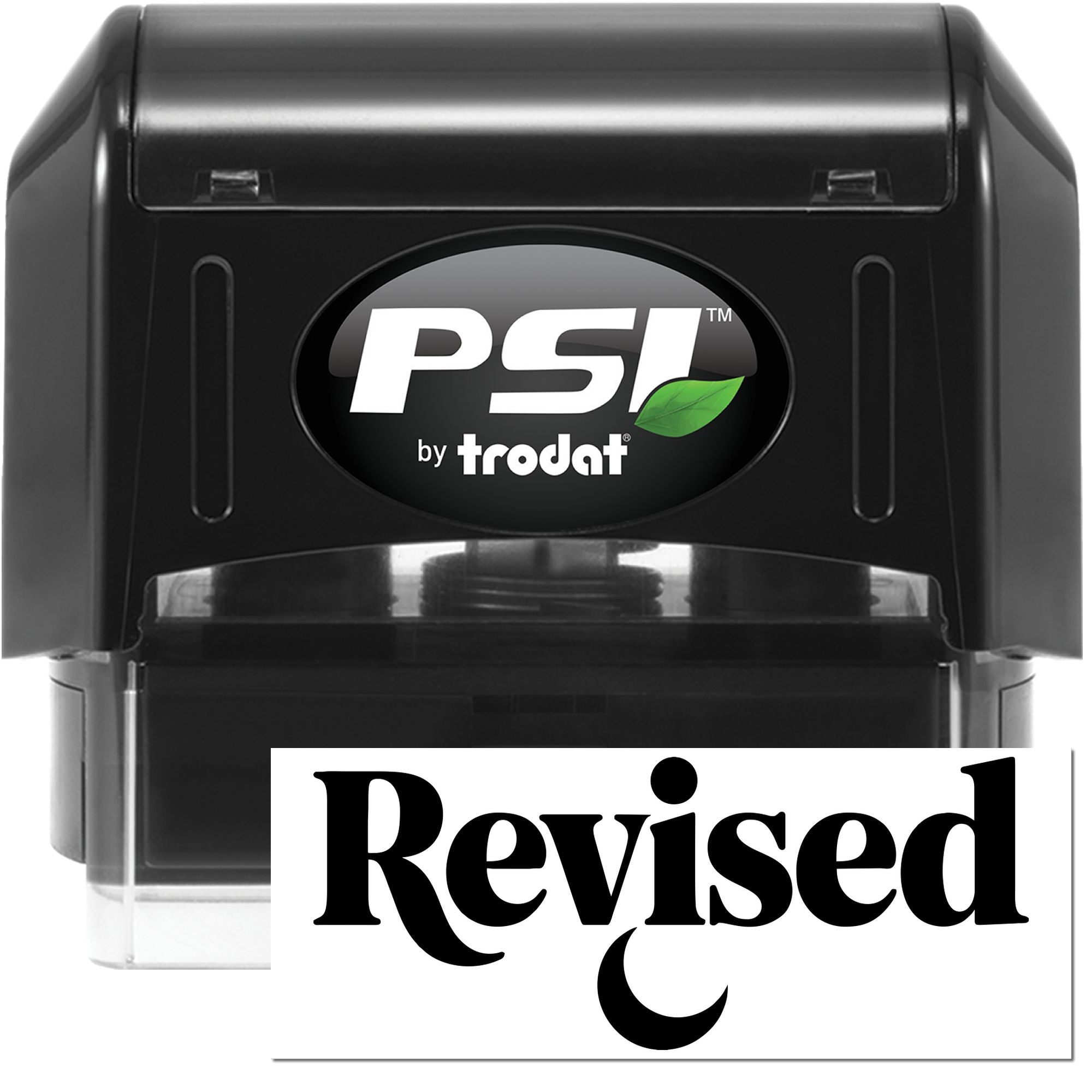 Black PSI by Trodat self-inking stamp with white logo, green leaf accent, and Revised seal imprint.