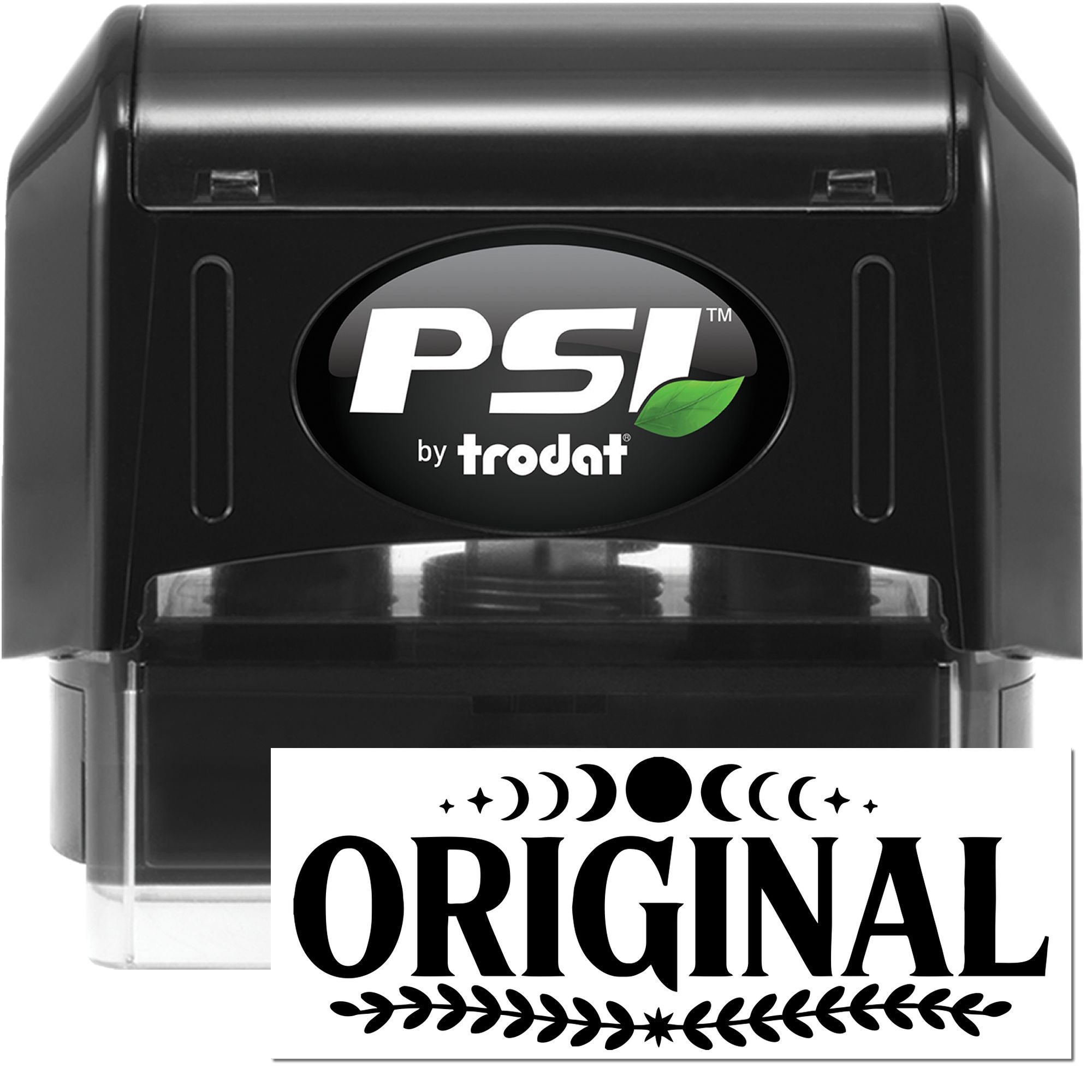 Black PSI by Trodat self-inking stamp and seal with green leaf logo, showing original text on a clear base.