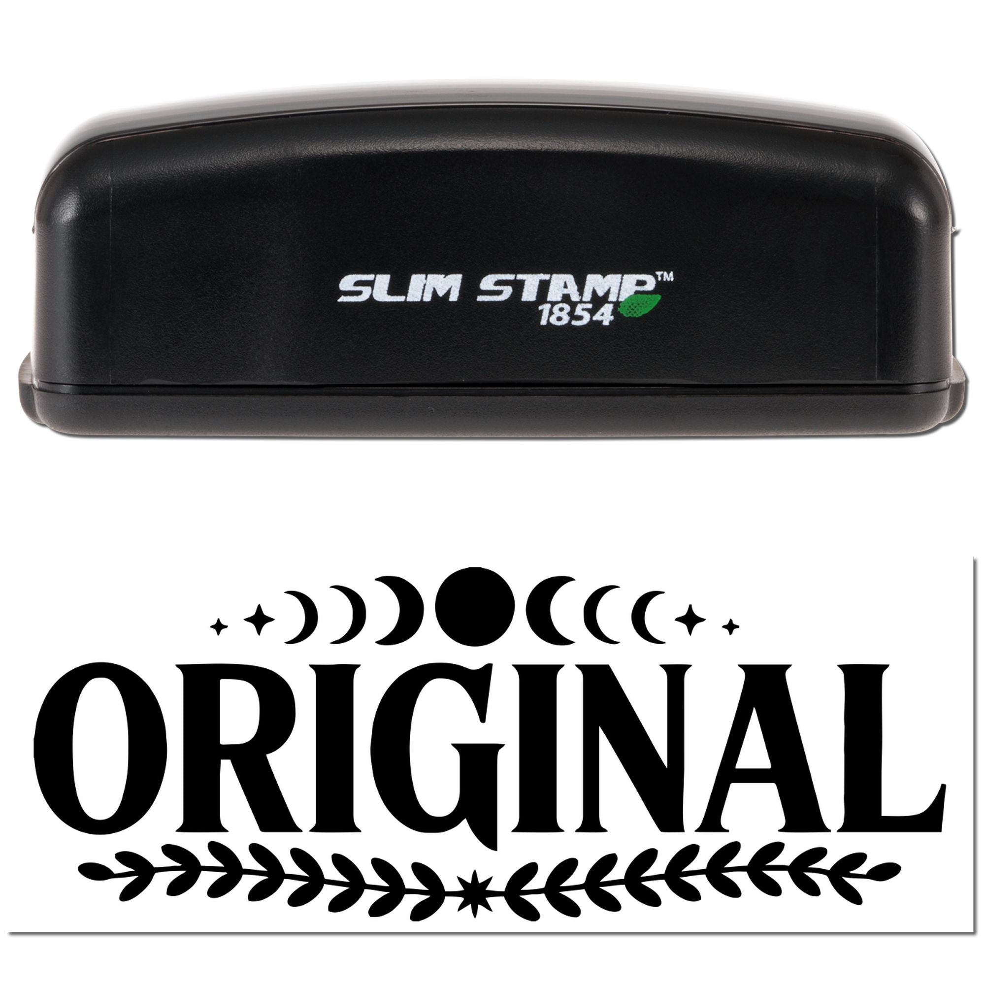Black Slim Stamp 1854 stamp with white logo above a black ORIGINAL seal design with moons and laurel accents.
