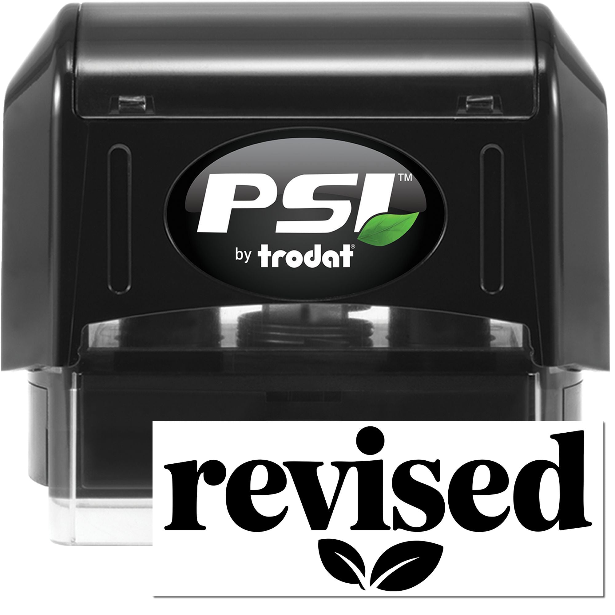 Black PSI by Trodat self-inking stamp and revised seal with green leaf logo on a white background.