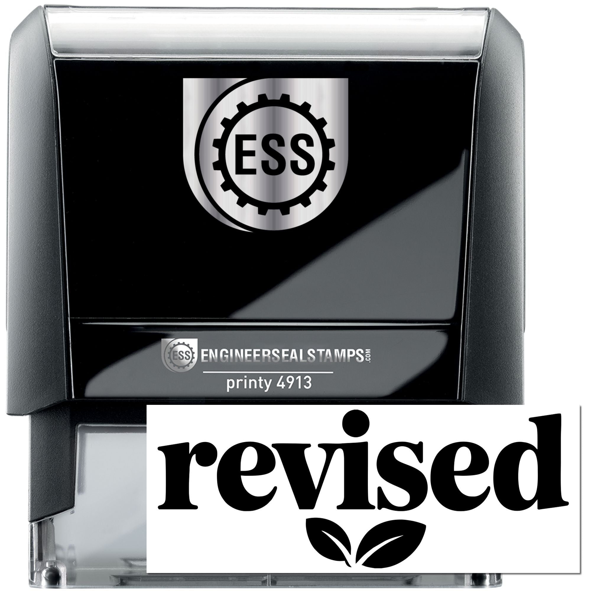 Black and silver engineer seal stamp with ESS logo and bold revised imprint for document marking