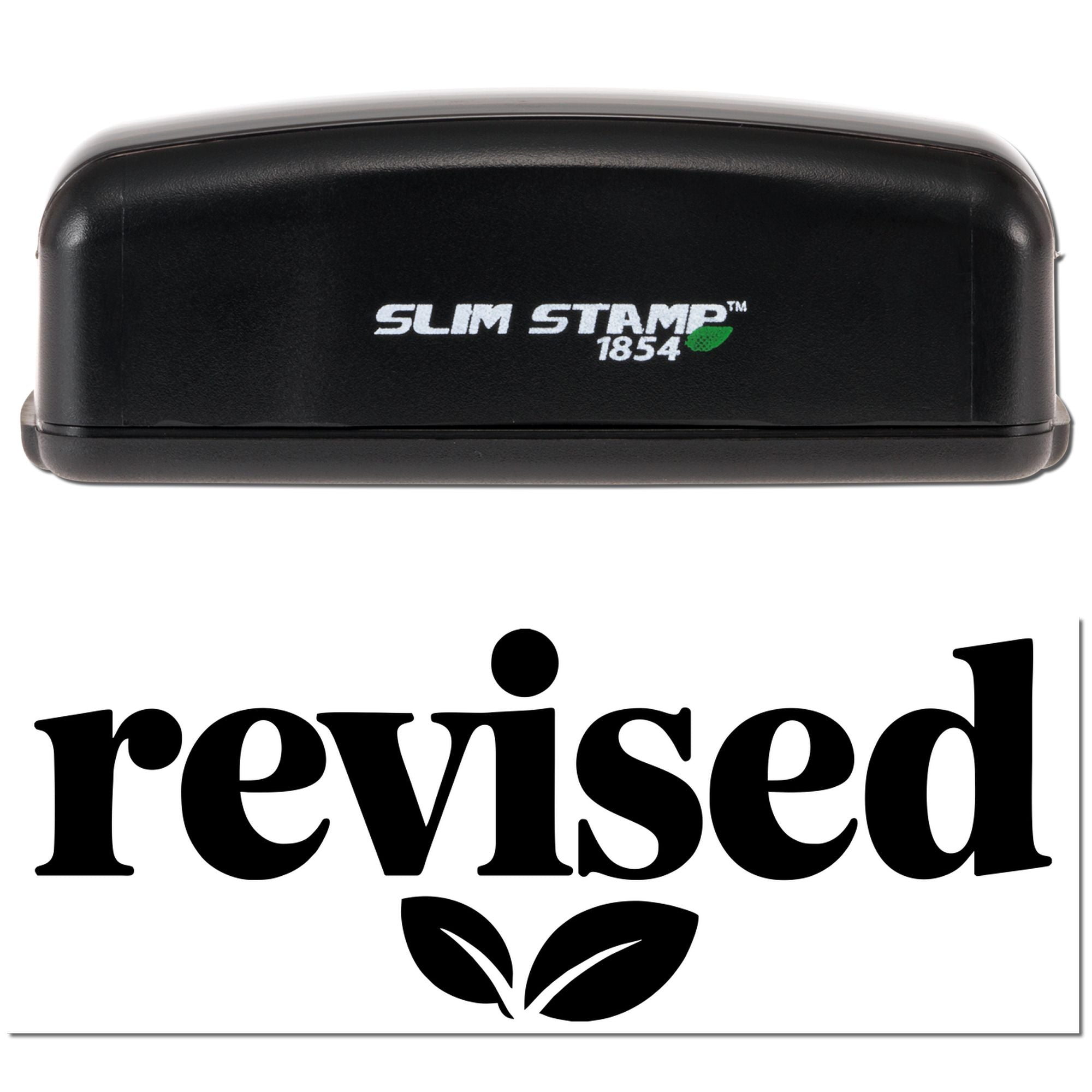 Black Slim Stamp 1854 self-inking stamp above a bold black revised leaf seal on white background.