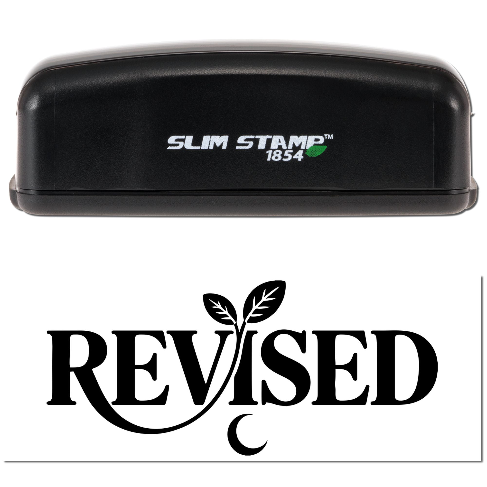 Black Slim Stamp 1854 self-inking stamp with green leaf accent above bold black Revised logo on a white background.