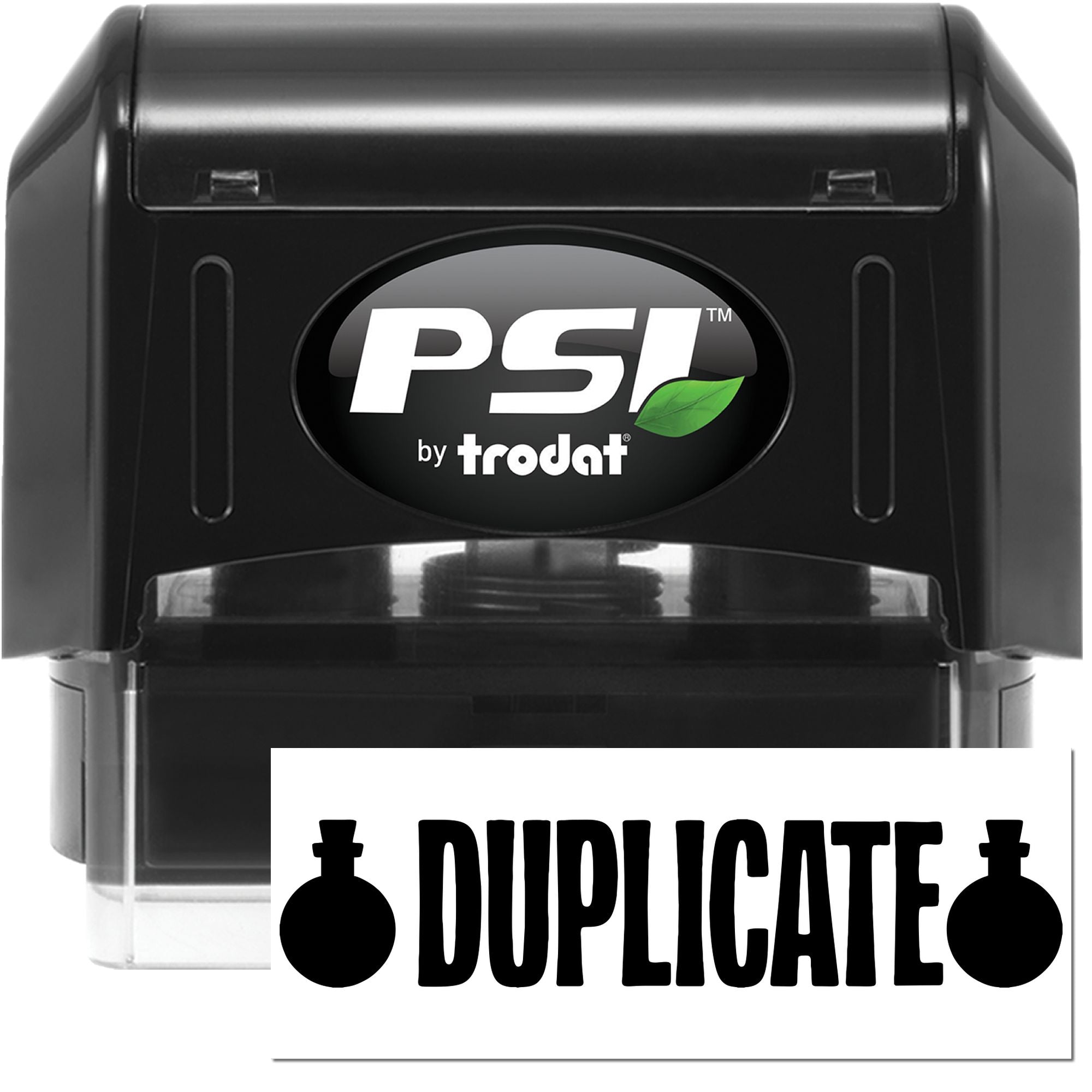 Black PSI by Trodat self-inking stamp with green leaf logo and large white DUPLICATE seal label.