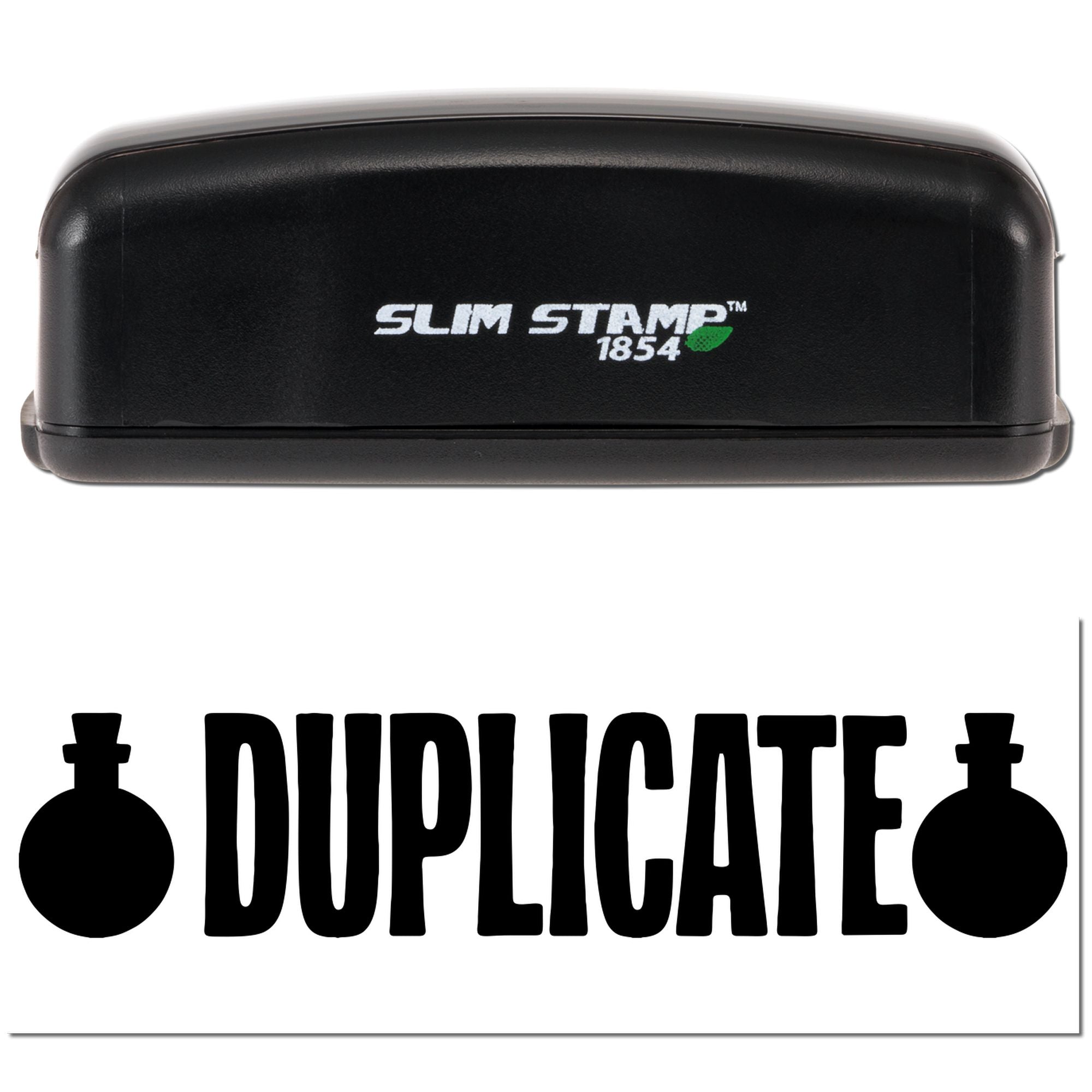 Black Slim Stamp 1854 self-inking stamp and large DUPLICATE seal text with black stamp icons on white background