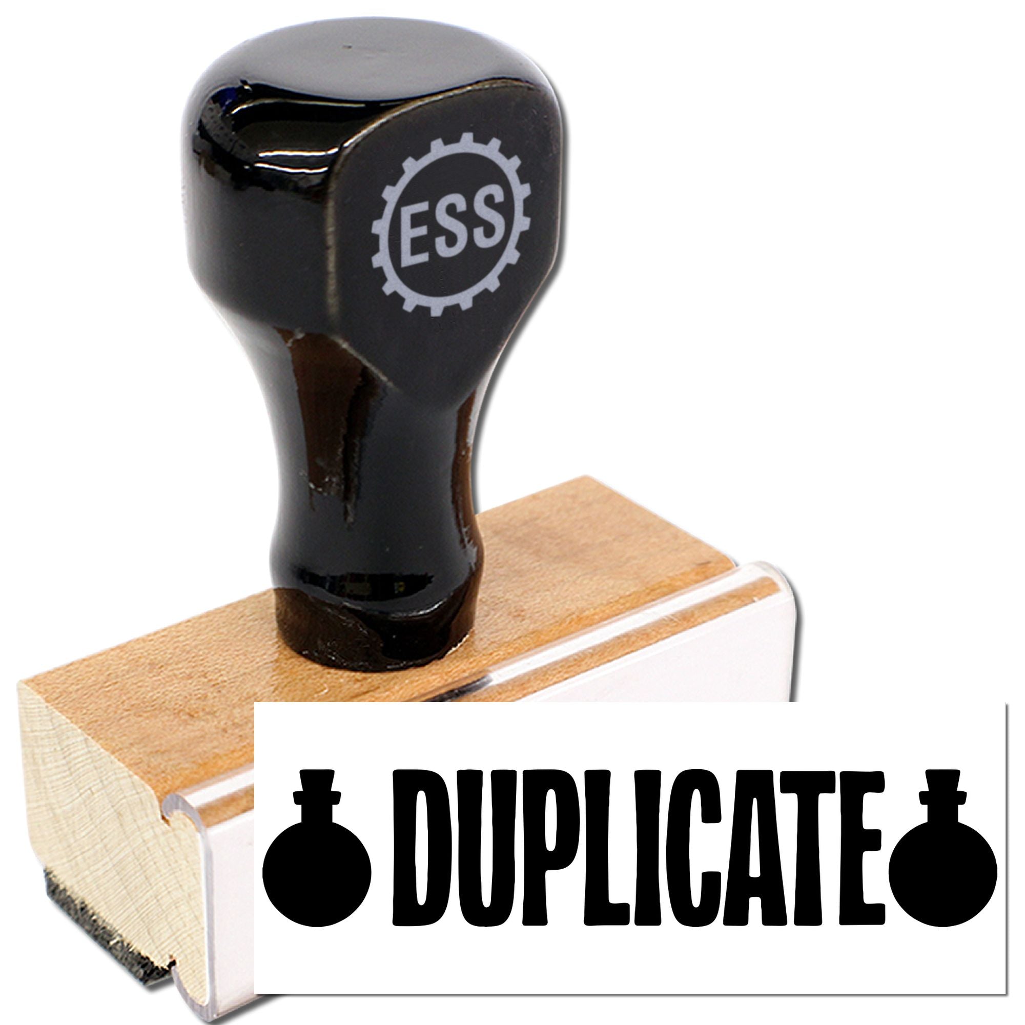Black rubber seal stamp with wooden block and bold Duplicate imprint on white card