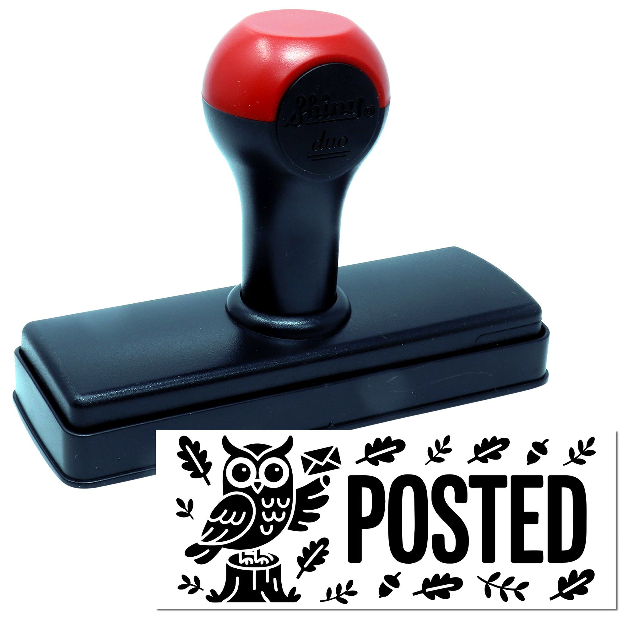 Red and black self-inking stamp with a black POSTED seal featuring an owl, leaves and tree stump