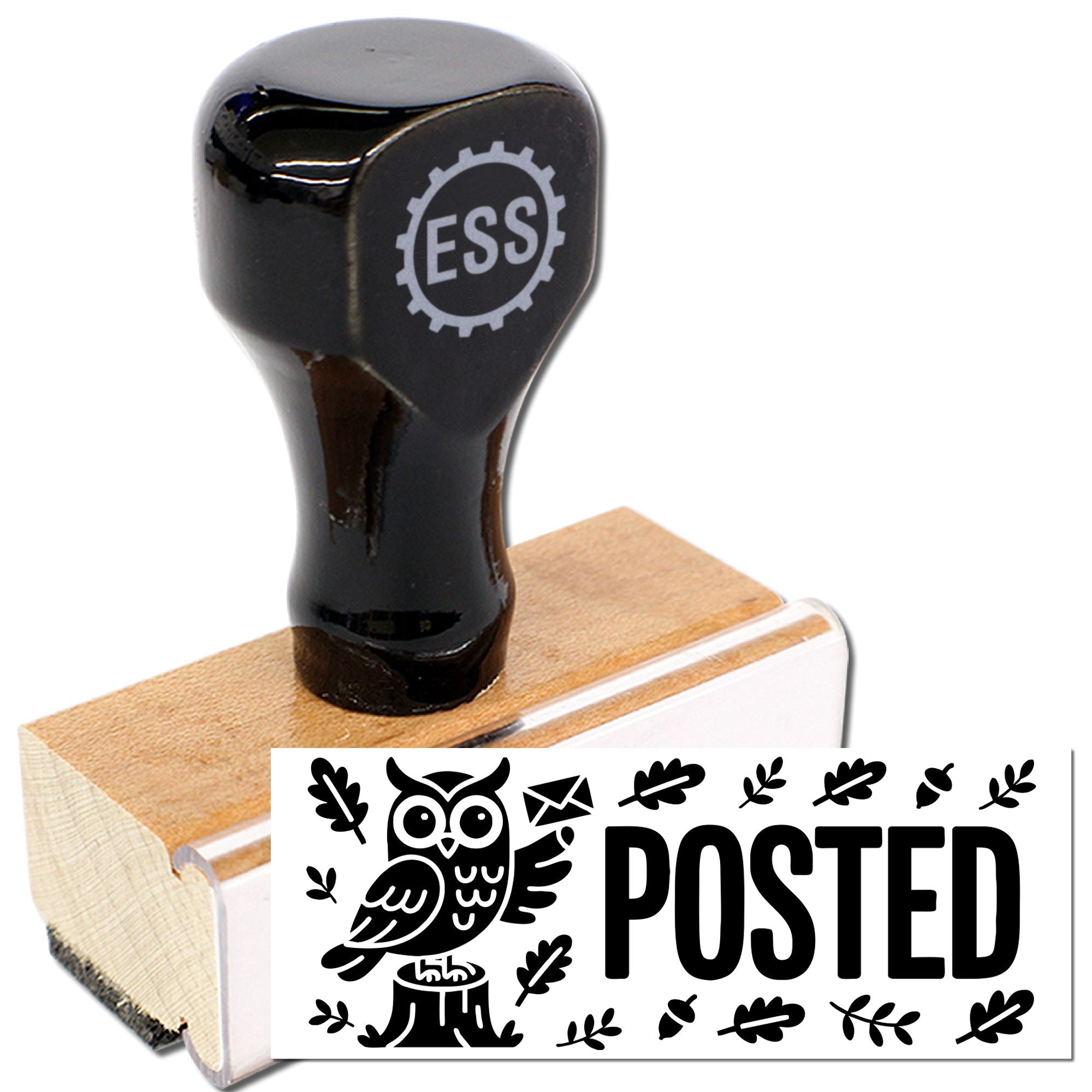 Black ESS stamp and seal set on a wooden block, showing an owl, leaves and bold black POSTED imprint on white.