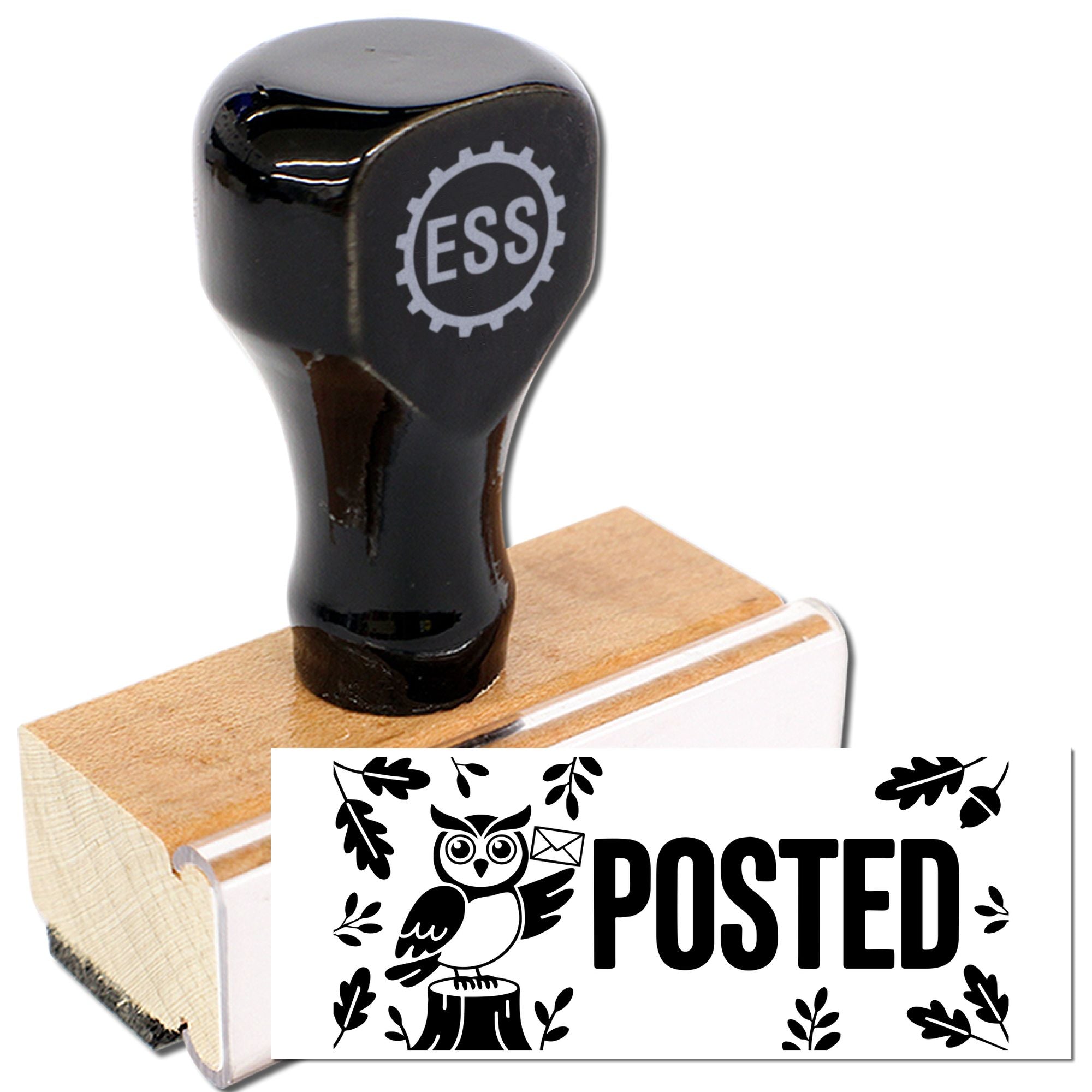 Black ESS rubber stamp and seal on wooden handle, showing owl and bold POSTED design.