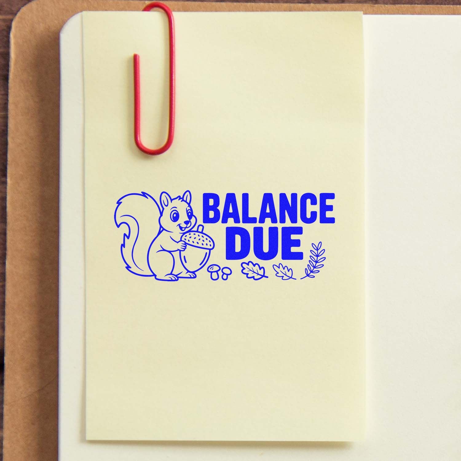 Cream stamp and seal with blue BALANCE DUE squirrel and acorn design, clipped with a red paperclip.